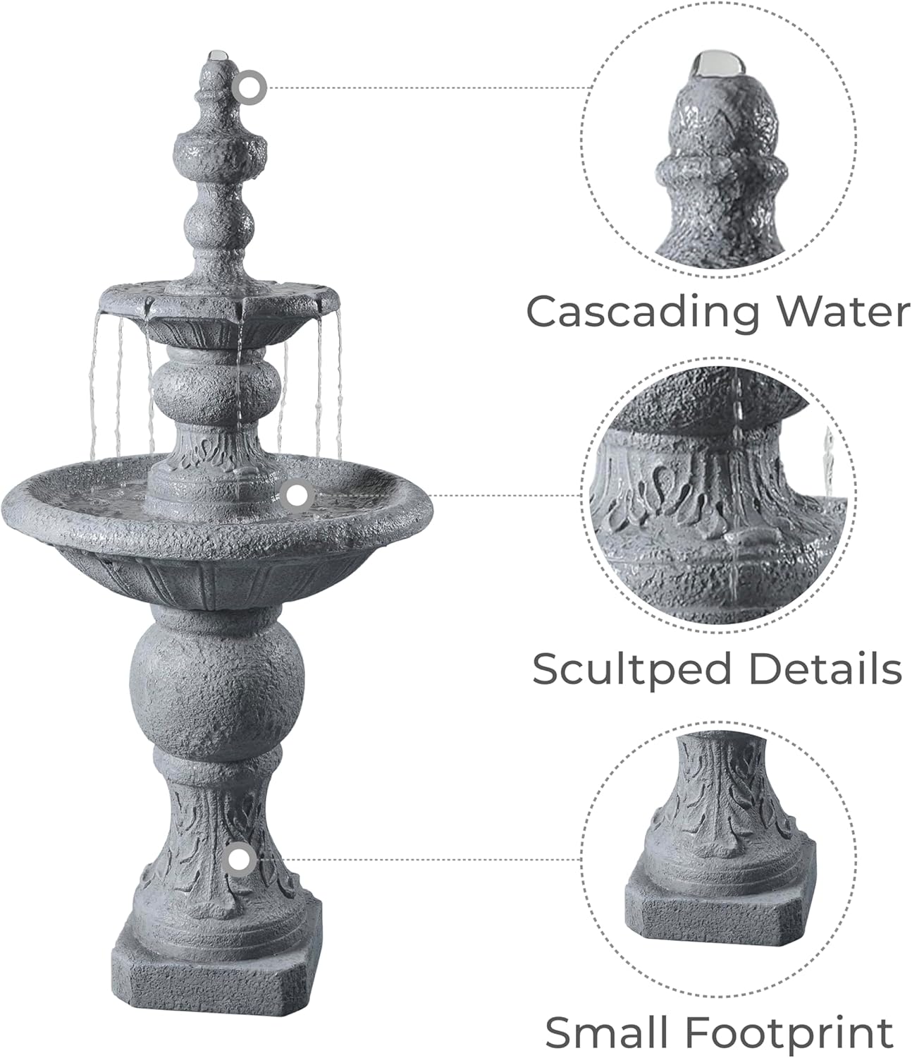 Teamson Home 52.56 in. Outdoor Two-Tier Water Fountain with Realistic ICY Stone Texture for Outdoor Living Spaces Creating a Calming Oasis for Gardens, Landscaping, Patios, Balconies, Lawns, Gray
