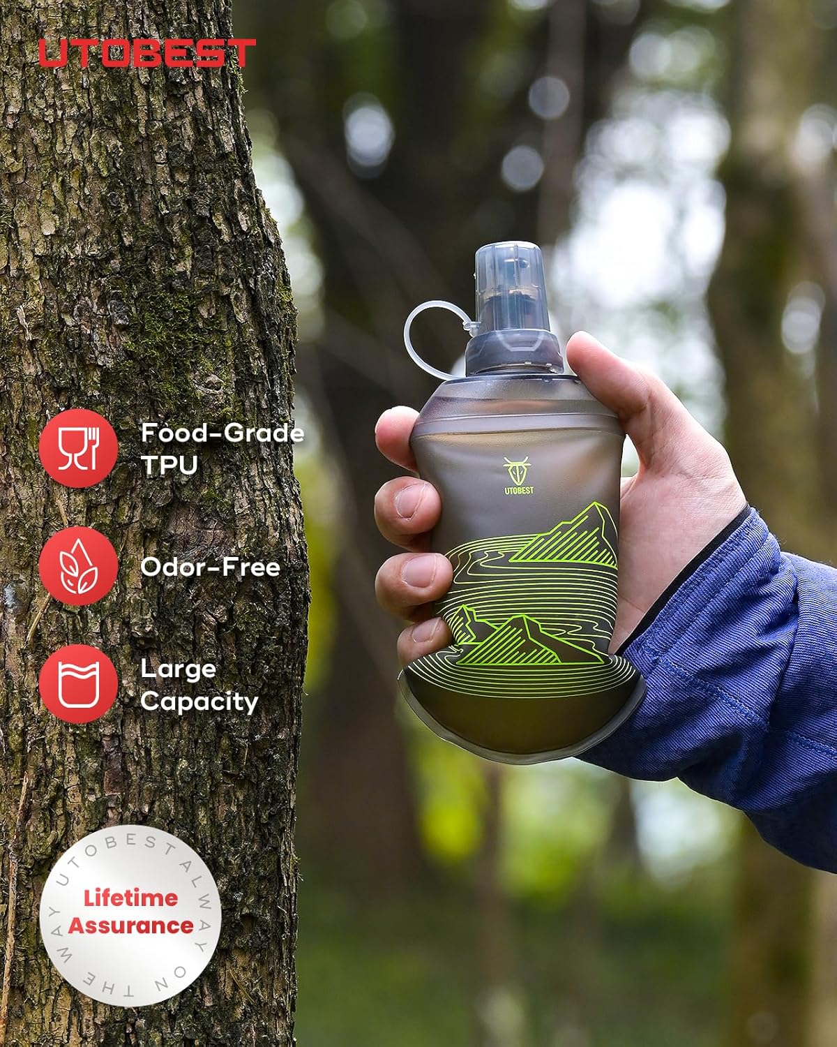 UTOBEST 200ml Soft Flask, 2 Pack Flexible TPU Hydration Water Bottle, Collapsible with 28mm Caliber for Running, Hiking, Cycling, Climbing, and Marathon Green