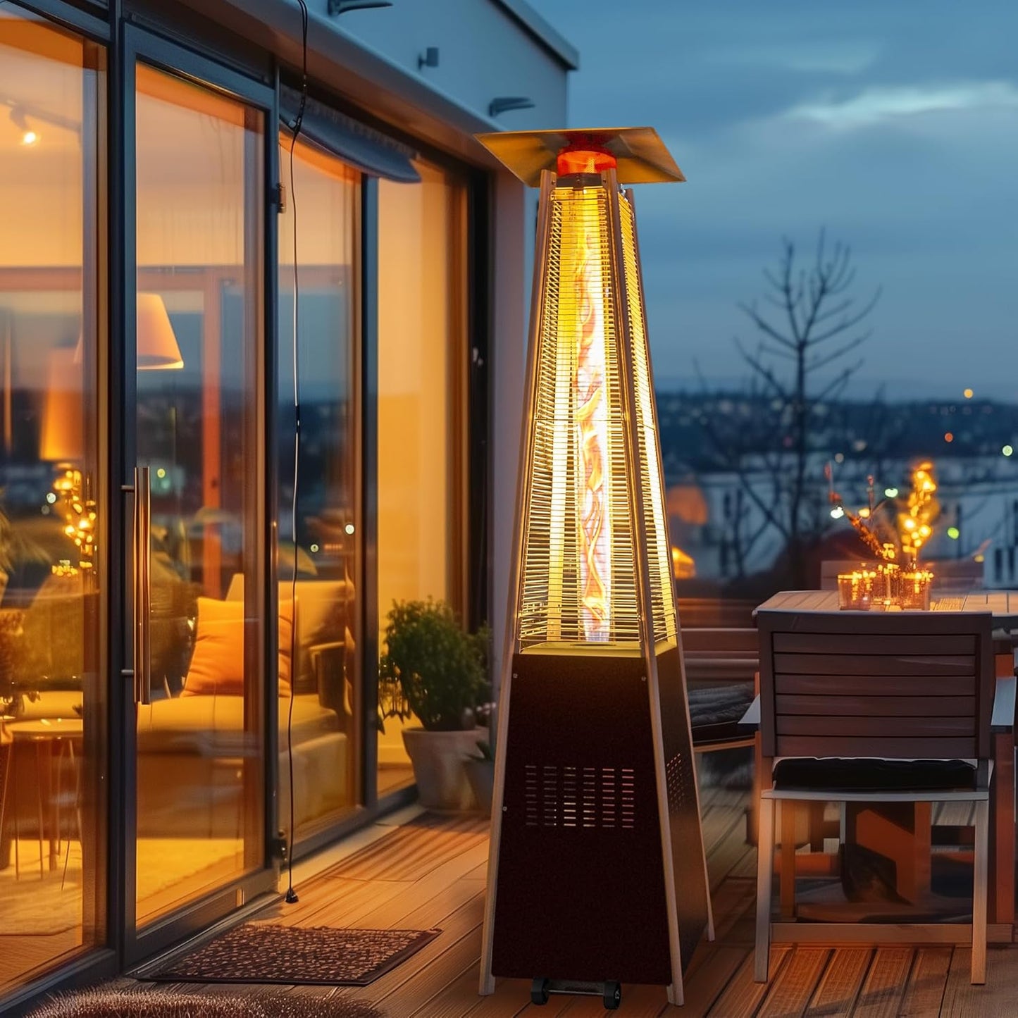 48,000 BTU Flame Pyramid Pool Heater, Triple Safety Protection Portable Patio Heater with Patio Cover, Warm Glass Tube with Durable Wheels-Brown