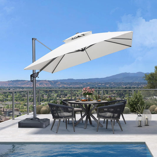 PURPLE LEAF Cantilever Umbrella 10FT Heavy Duty Outdoor Large Double Top Offset Hanging 360° Rotation Square Umbrella for Garden Patio Deck Pool Backyard Canvas Natural