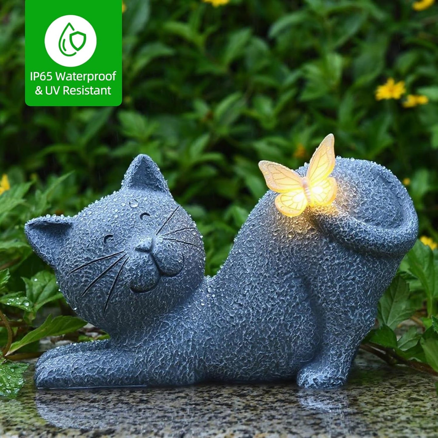 Cute Solar Cat Garden Statue with Lighted Butterfly, Outdoor Waterproof Resin Cat Figurine for Yard Lawn Patio Porch, Solar Powered Garden Decor and Gift for Cats Lovers