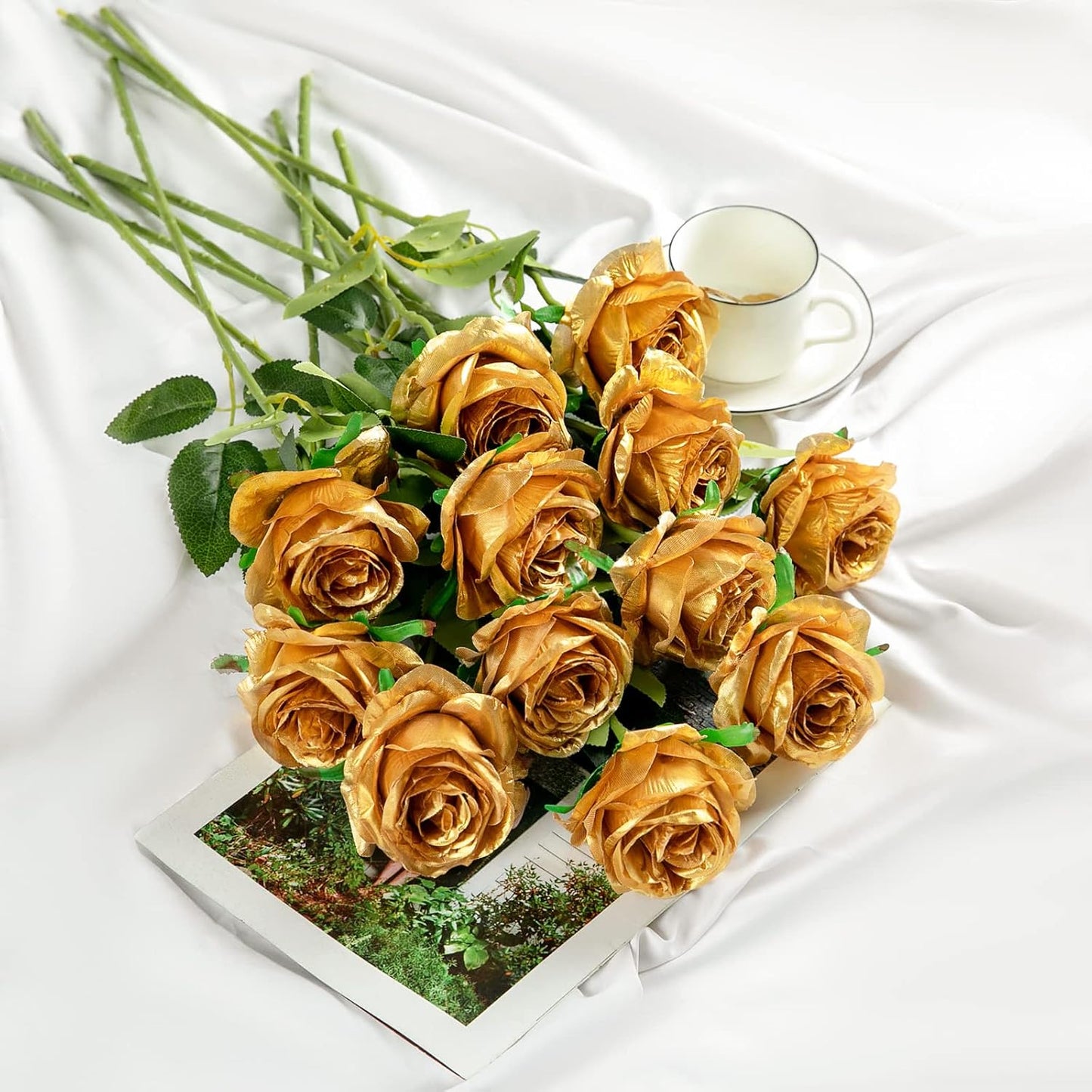 Hawesome 12PCS Artificial Silk Flowers Realistic Roses Bouquet Long Stem for Home Wedding Decoration Party (Gold-1)