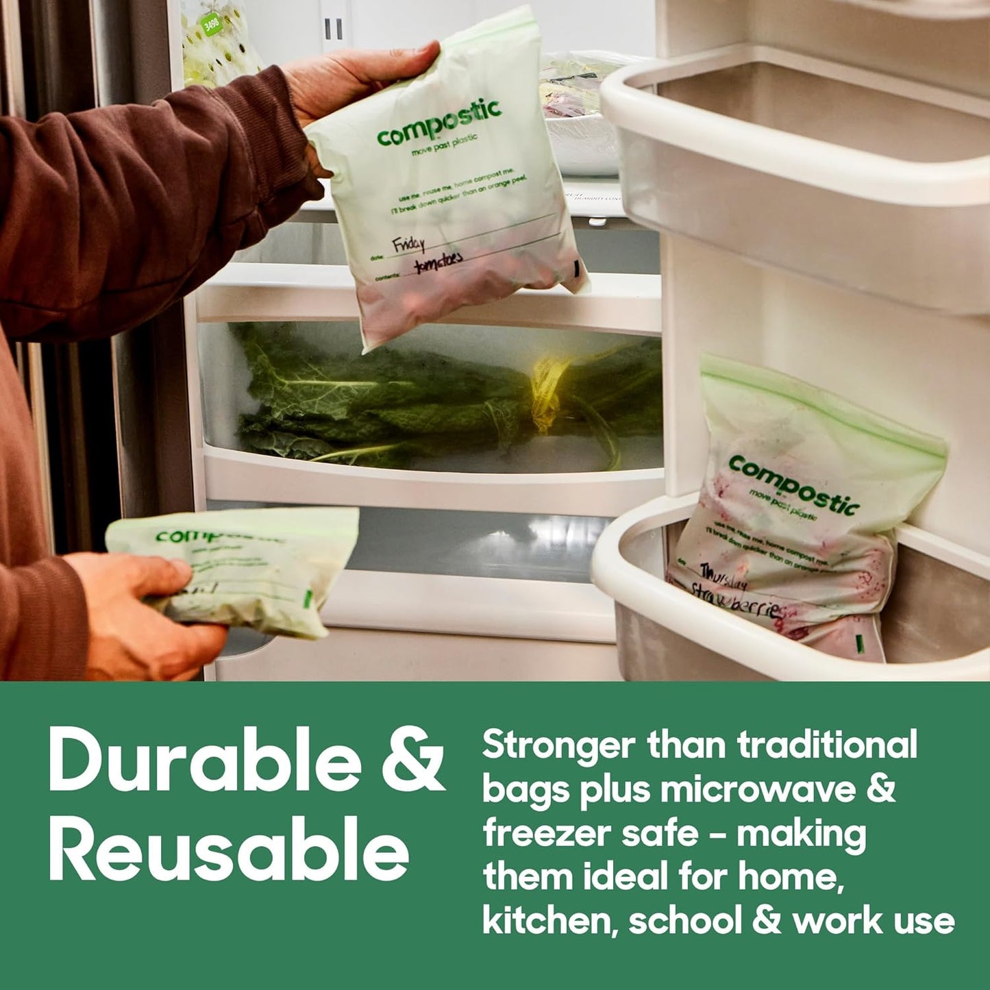 Home Compostable Resealable Sandwich Bags (7"x7"), Microwave & Freezer Safe, Organic Food Storage Container, 100 Count (Pack of 1)