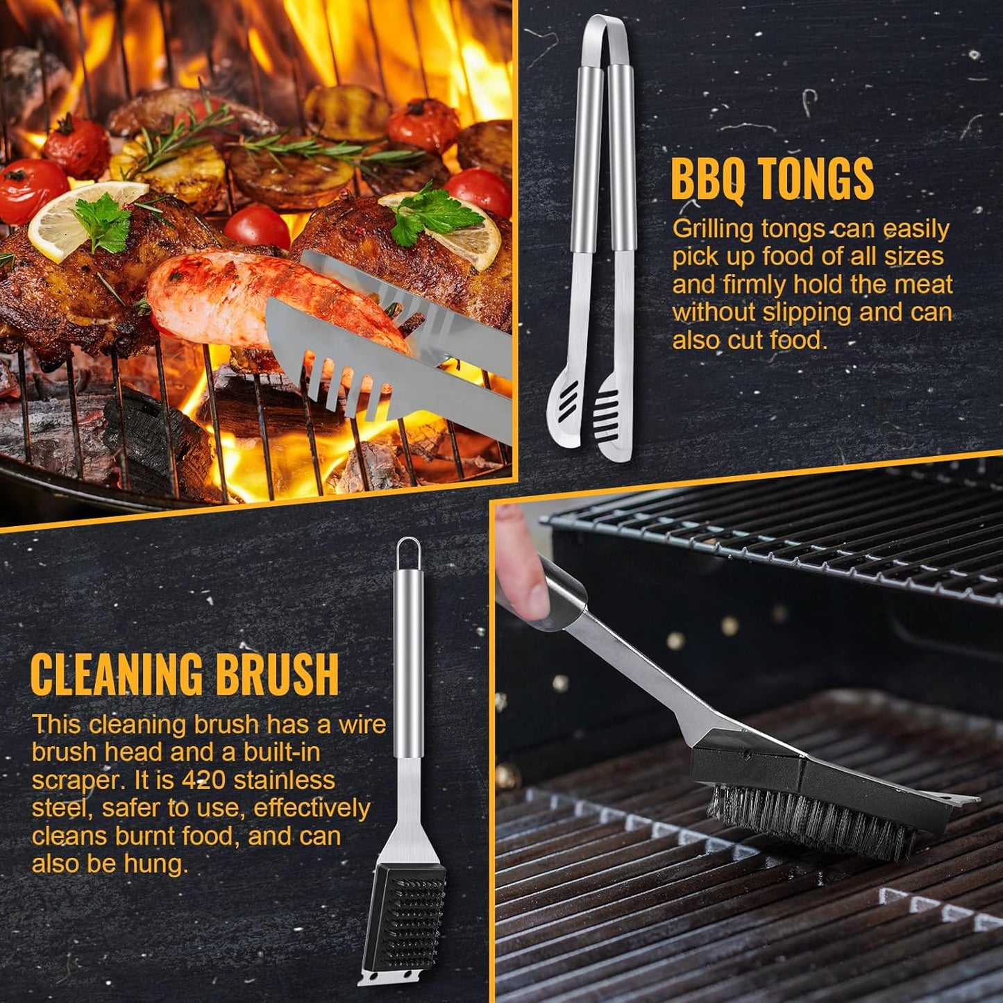 BBQ Grill Tools Set 16-inch Heavy Duty, 3 Pcs - Barbecue Utensils Kit for Camping, Kitchen, Outdoor Cooking,Suitable as a Gift for Men, Fathers, Friends