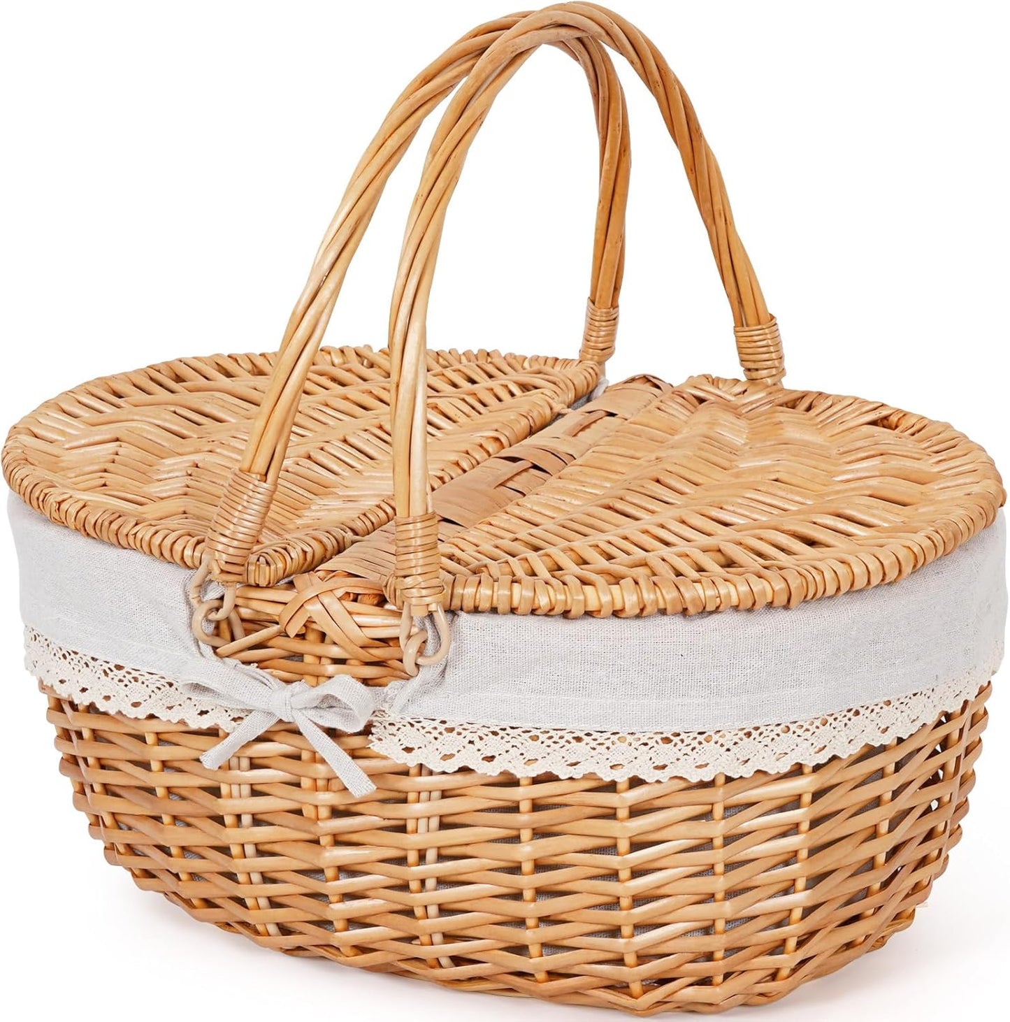 Happypicnic Wicker Picnic Basket with Handle, 15" Large Empty Picnic Basket with Lid & Removable Liner, Vintage Hand Woven Basket for Picnics, Camping, Veg Picking, Mother's Day, Thanksgiving (Solid)