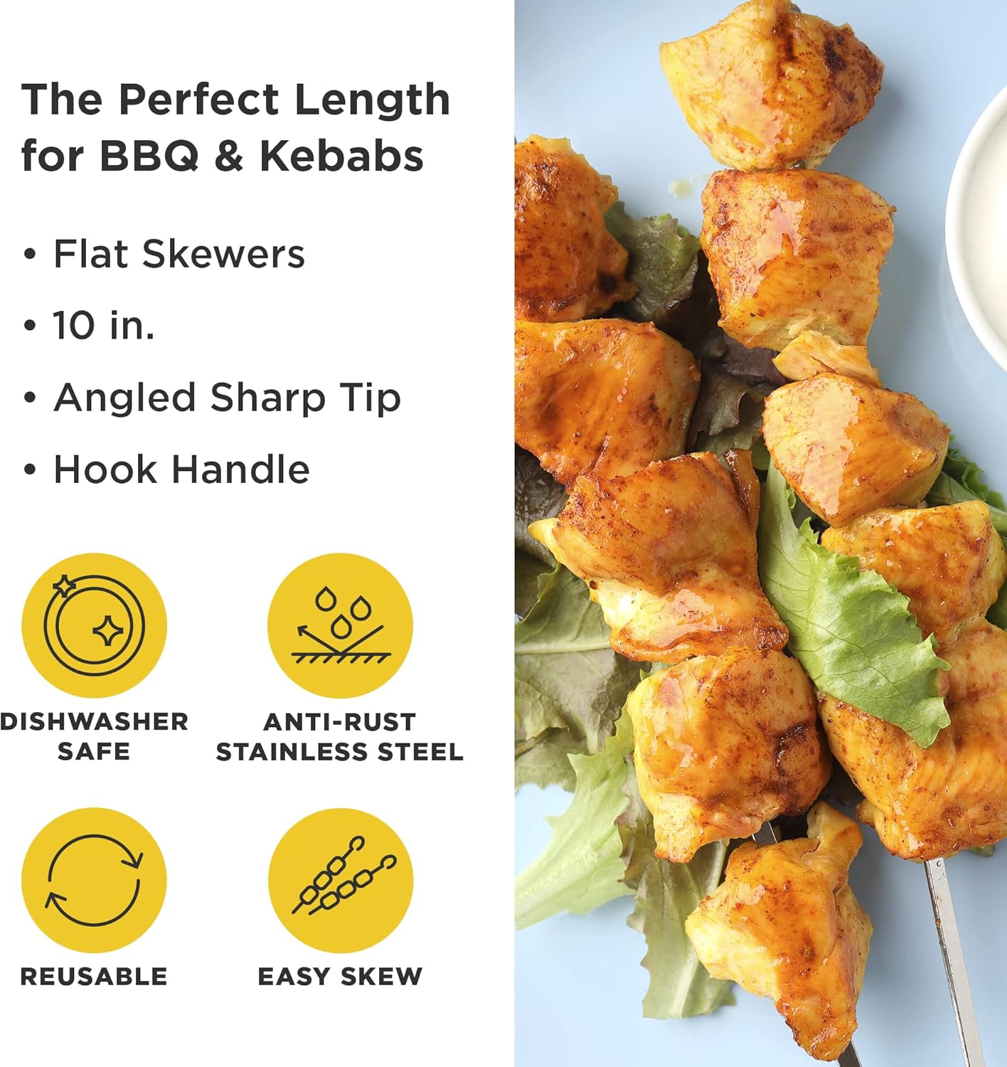 O-Yaki Flat Metal Kabob Skewer for Grilling – Set of 8 BBQ Skewers Stainless Steel with Storage Bag, Dishwasher Safe Skewers with Hook Handle & Sharp Tip for BBQ, Cookouts & Oven Use – 10 Inch