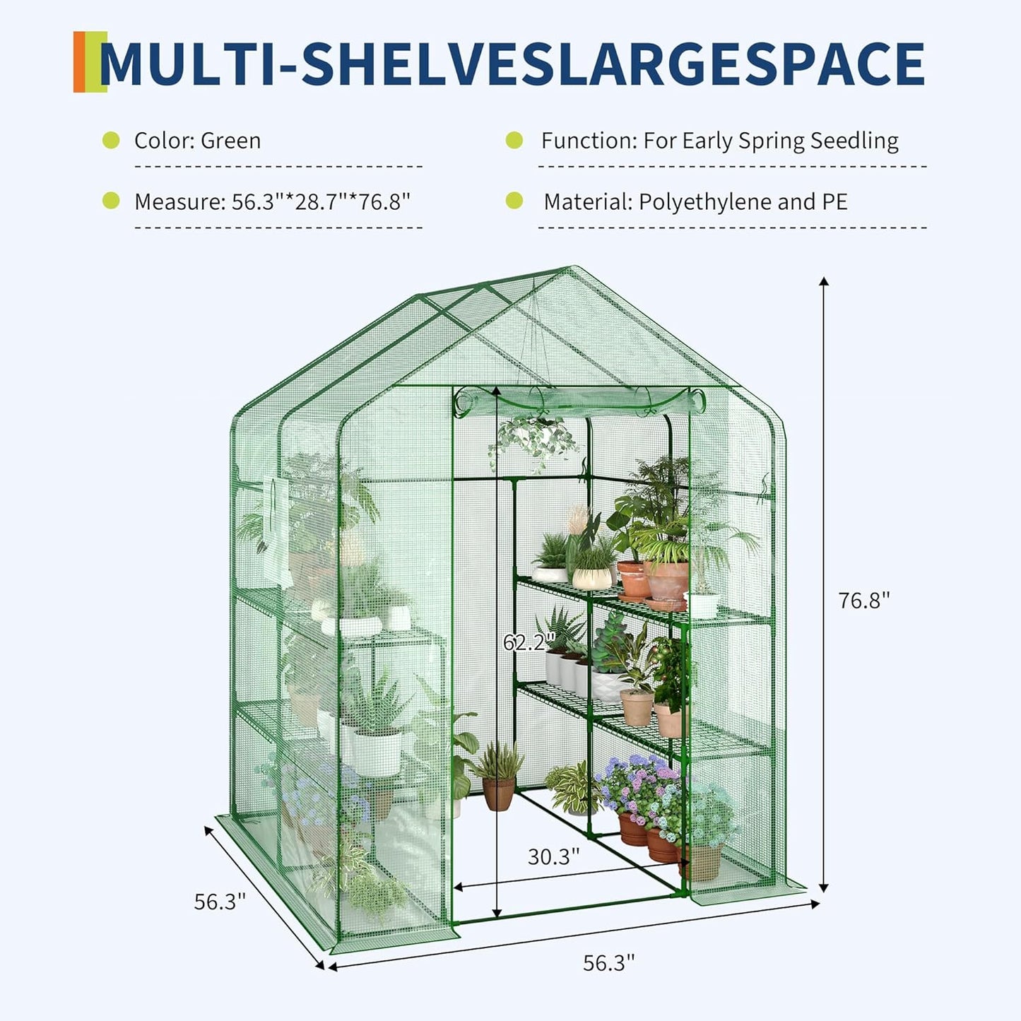 Greenhouse, 57 x 57 x 76'' Greenhouses for Outdoors, Durable Green House Kit with Window, Thicken PE Cover, 3 Tiers 12 Shelves, Portalbe Walk in Green Houses for Indoor Backyard Outside