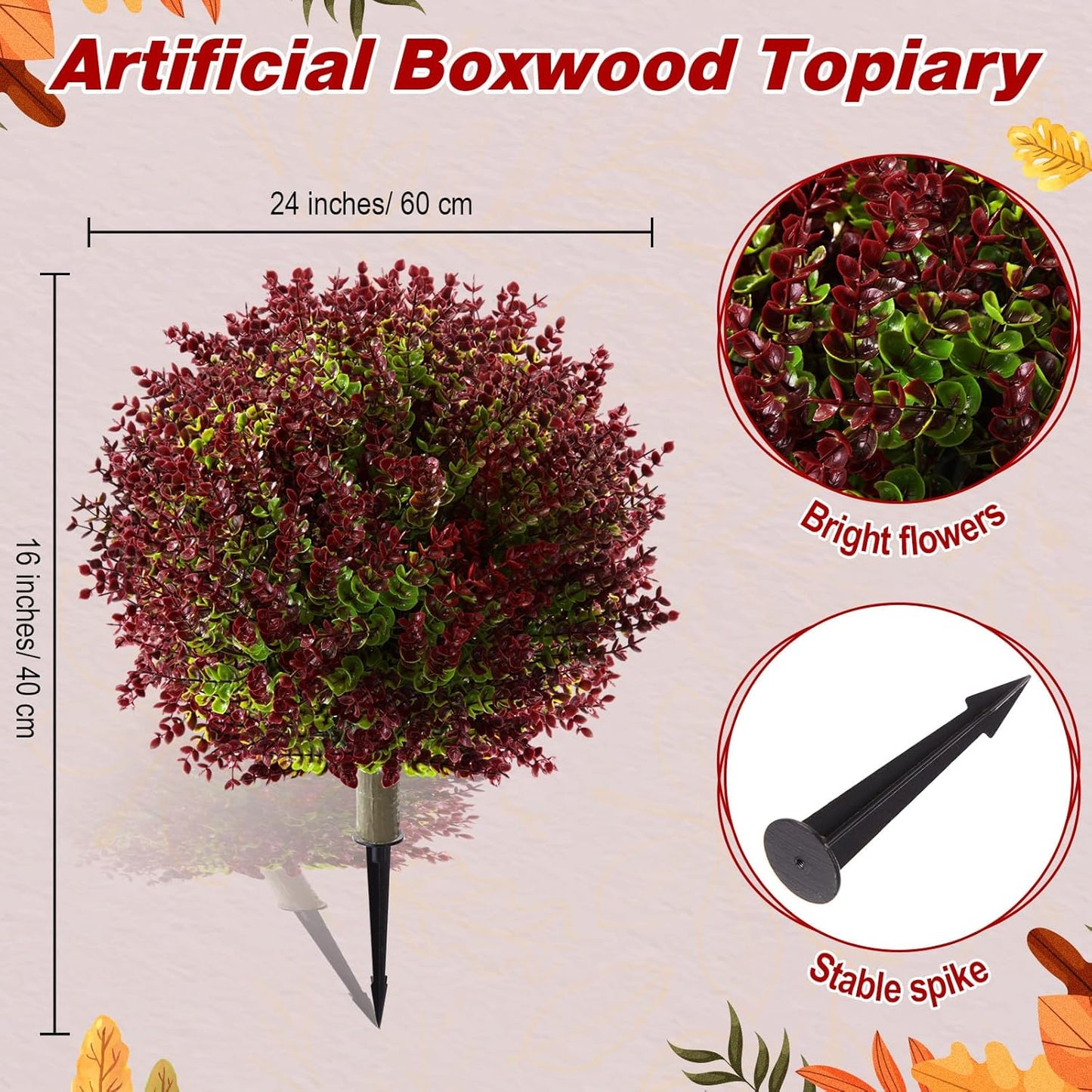 Yunlly 4 Pcs 18 Inch Artificial Boxwood Ball Topiary Tree Fake Outdoor Plants Bush, UV Resistance Faux Shrub with Spike Realistic Greenery Potted for Indoor Garden Yard Porch Patio Decor (Purple Red)