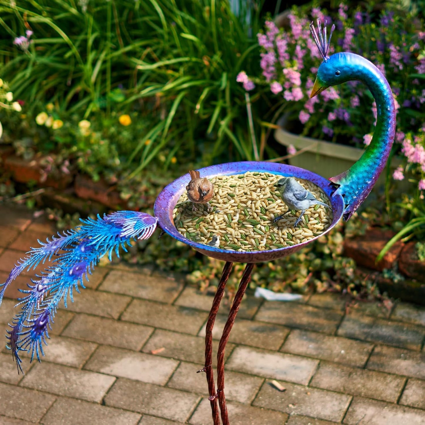 12.8" W*38.2" H Peacock Bird Baths for Outdoor, Metal Bird Feeder Seed Trayr,Bird Bath Drinker Plate, Garden Lawn Yard Decor(Multicolor)