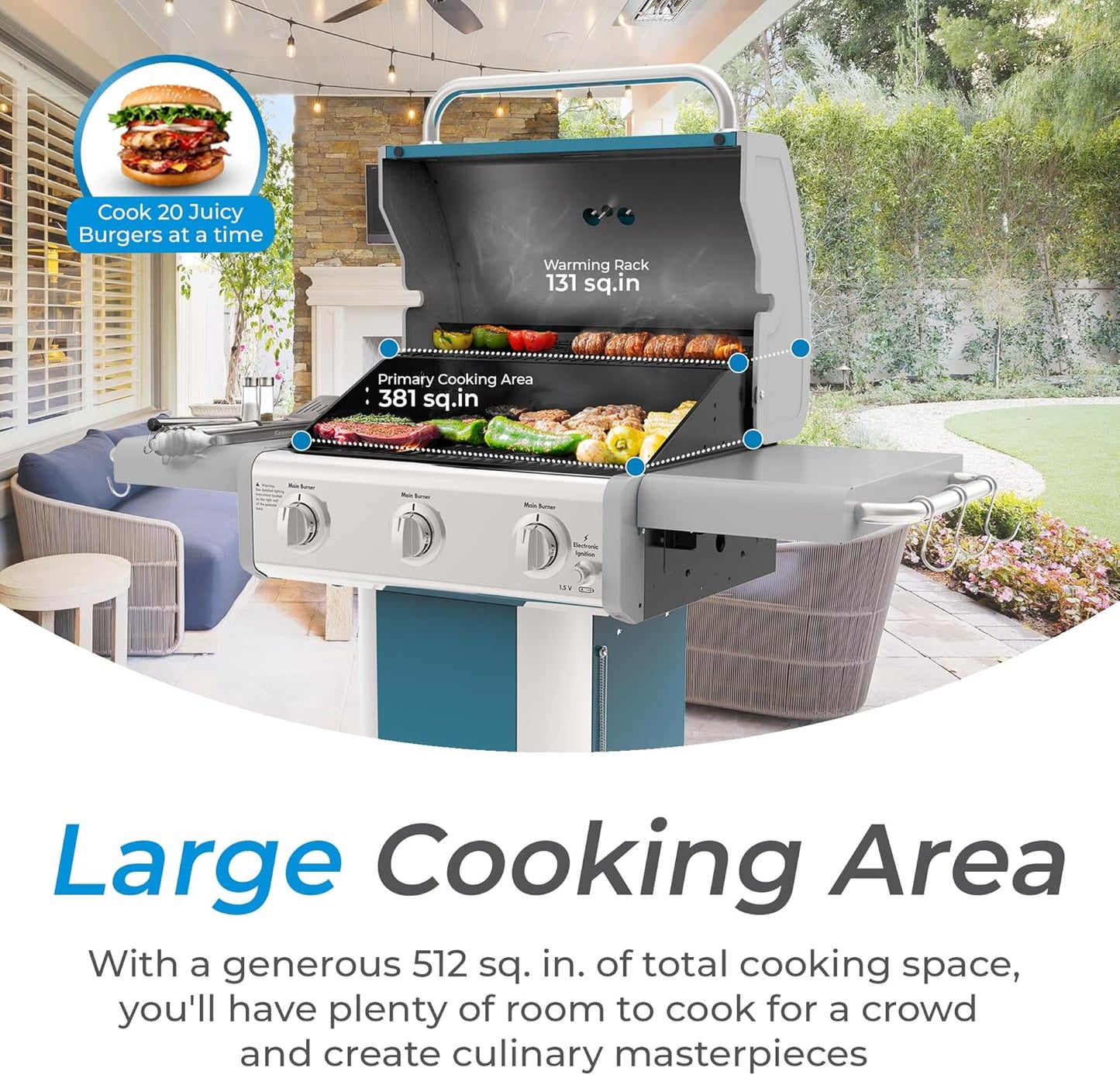 Kenmore 3-Burner Propane BBQ Grill, 30,000 BTUs Gas Grill with Cast Iron Cooking Grates, Folding Side Tables & Wheels, Outdoor Grill with Tool Hooks, Teal