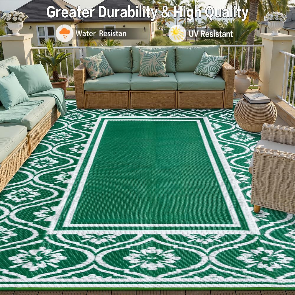 Outdoor Rug 8x10 Patio Waterproof Mat Camping Carpet Outside Area Rug Reversible Green Rugs for RV Deck Entryance Porch Picnic Balcony Beach