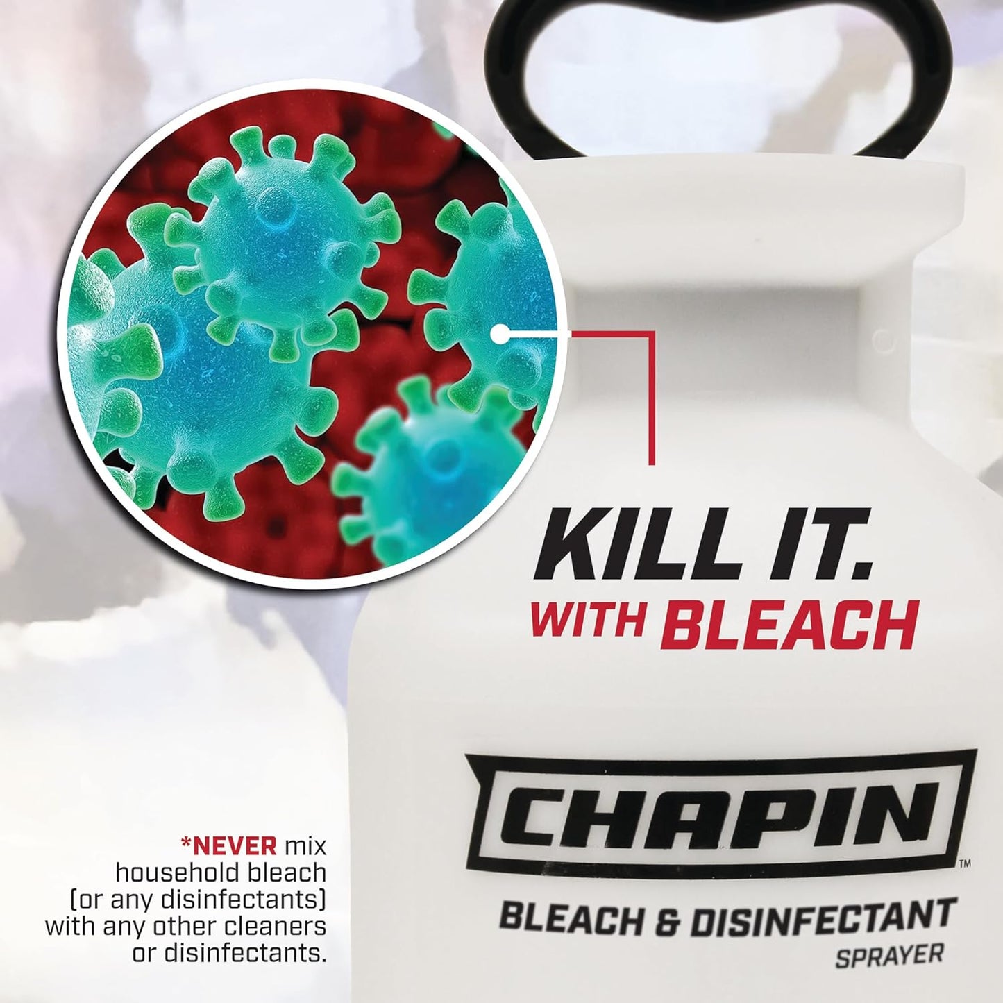 Chapin 20074: Made in The USA Disinfectant Bleach Sprayer, 1-Gallon, Adjustable Cone Nozzle, Compatible with Bleach Solutions and Fungicides, Bonus Spray Shield, Translucent White