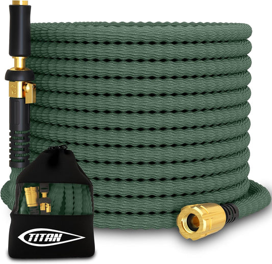 TITAN Flexible Garden Hose 15FT – Ultra Lightweight, Heavy Duty Water Hose with Brass Fittings & Jet Nozzle – Kink-Free, Non-Expanding, Durable Fabric Hose for Yard, Lawn, Car Wash, Outdoor Use