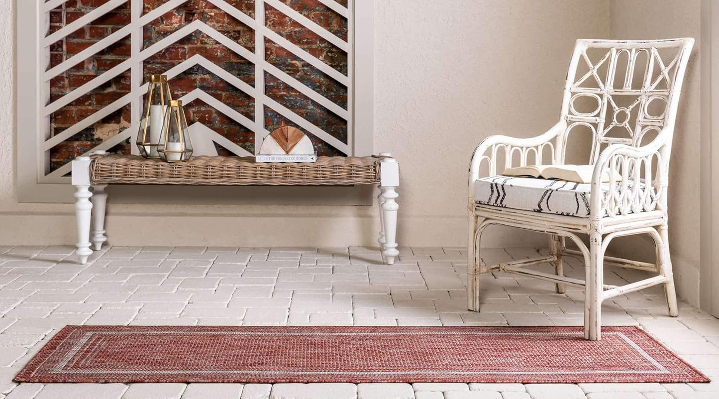 Unique Loom Outdoor Border Collection Area Rug - Soft Border (2' x 6' 1" Runner, Rust Red/ Ivory)