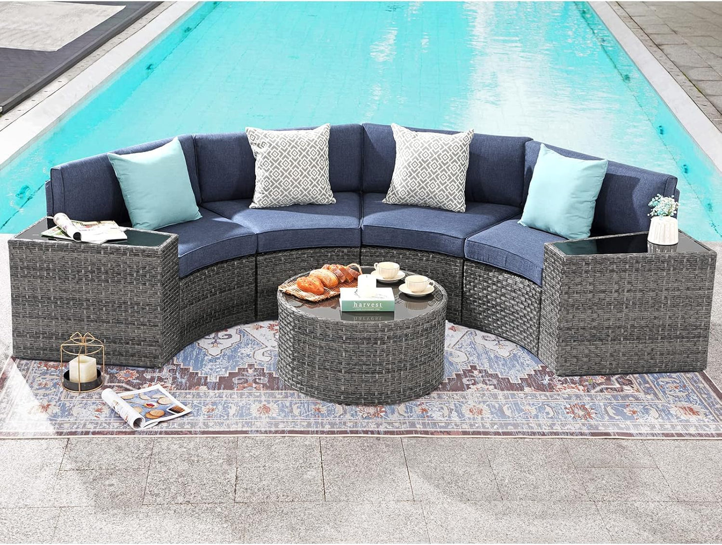 SUNSITT Outdoor Patio Furniture Sectional 7-Piece Half-Moon Curved Outdoor Sofa Set with Round Coffee Table, 4 Pillows & Waterproof Cover, Grey Rattan & Denim Blue Cushion