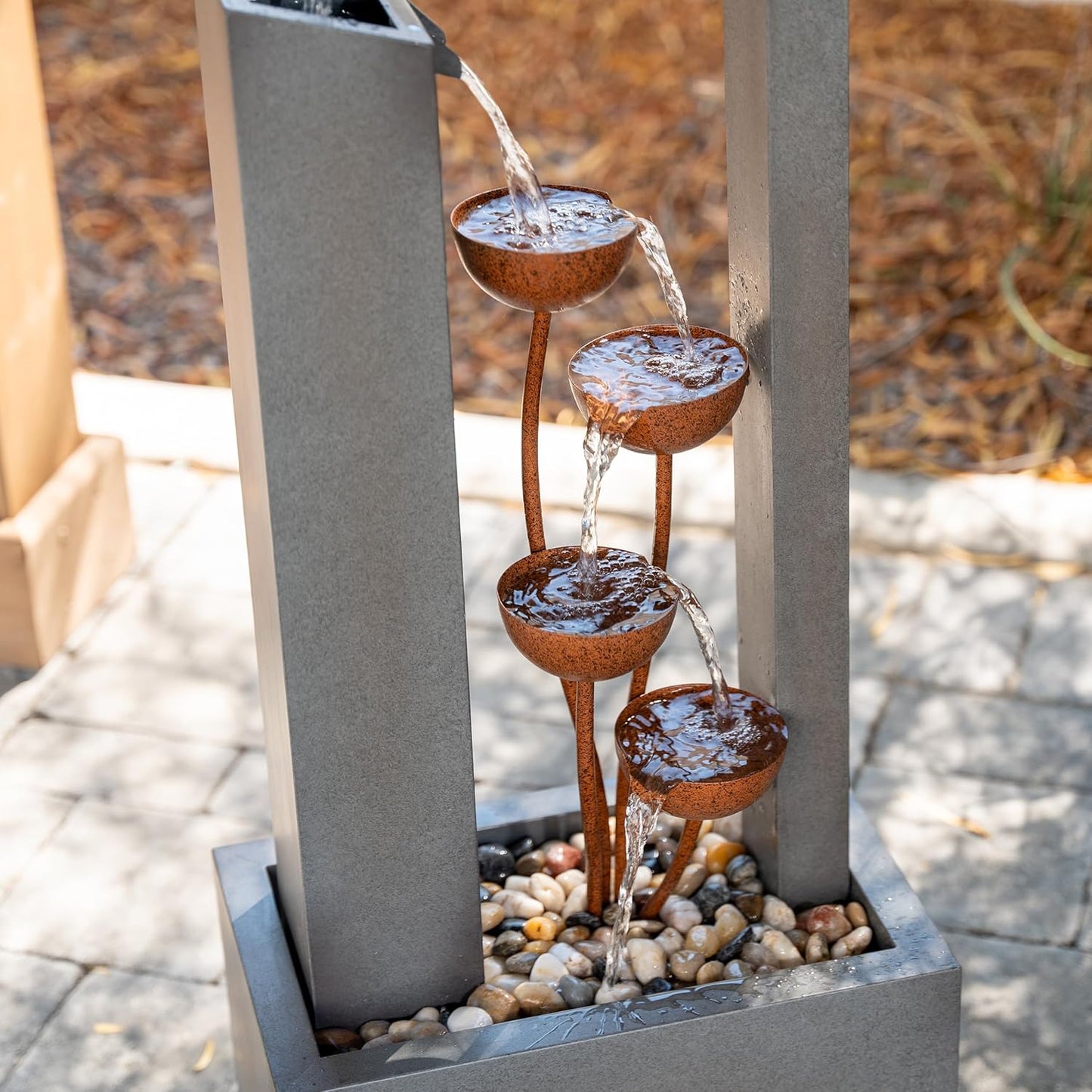 XBrand Sculptural Freestanding Metal Multi-Tiered Water Fountain w/Flowers, No LED Lights, Gray and Bronze, 38" Tall