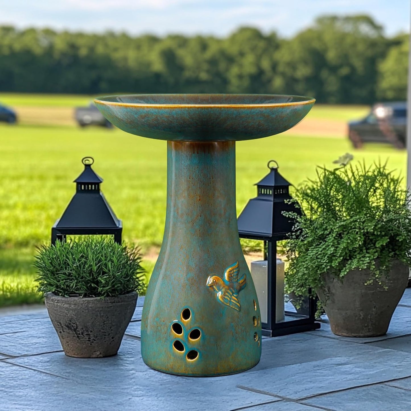 Ceramic Bird Bath for Outdoors, 21.5 inch Heavy Duty Bird Bath，Weather-Resistant Birdbath for Outdoor Garden Use, Attracts Birds, Elegant Yard Décor - Blue