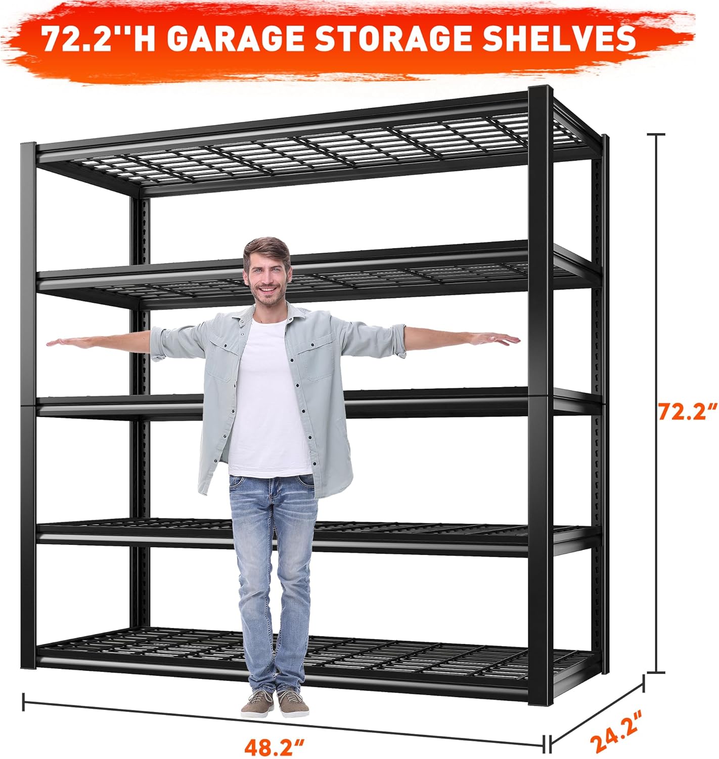 REIBII 48.2''W Garage Shelving Heavy Duty Metal Shelving 3000LBS Storage Shelves Adjustable Metal Shelves Industrial Garage Shelf for Warehouse Basement 48.2 "W x 24.2" D x 72.2 "H