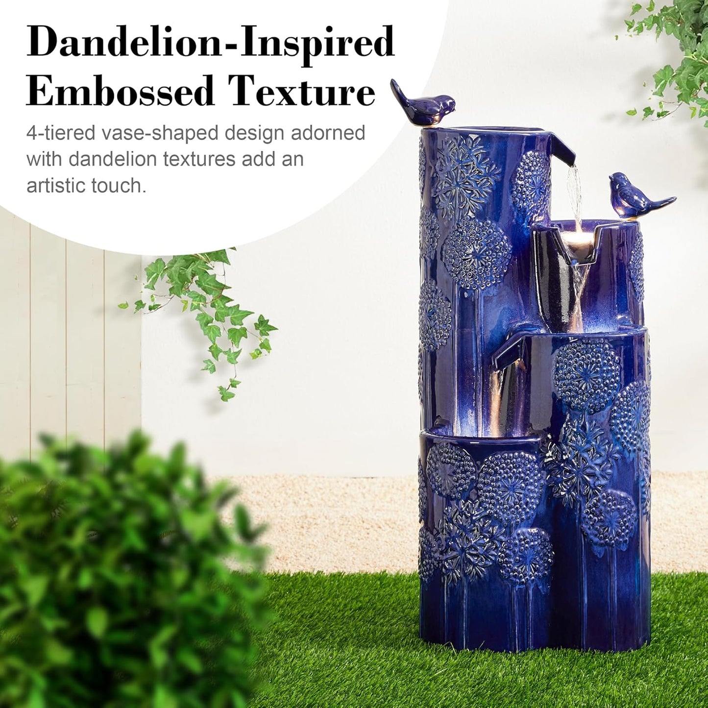 Glitzhome 32" H Outdoor Water Fountain with LED Lights and Pump, 4 Tier Ceramic Cobalt Blue Dandelion Texture Outdoor Fountains and Waterfalls with Cute Birds, for Porch Deck Garden Patio Backyard