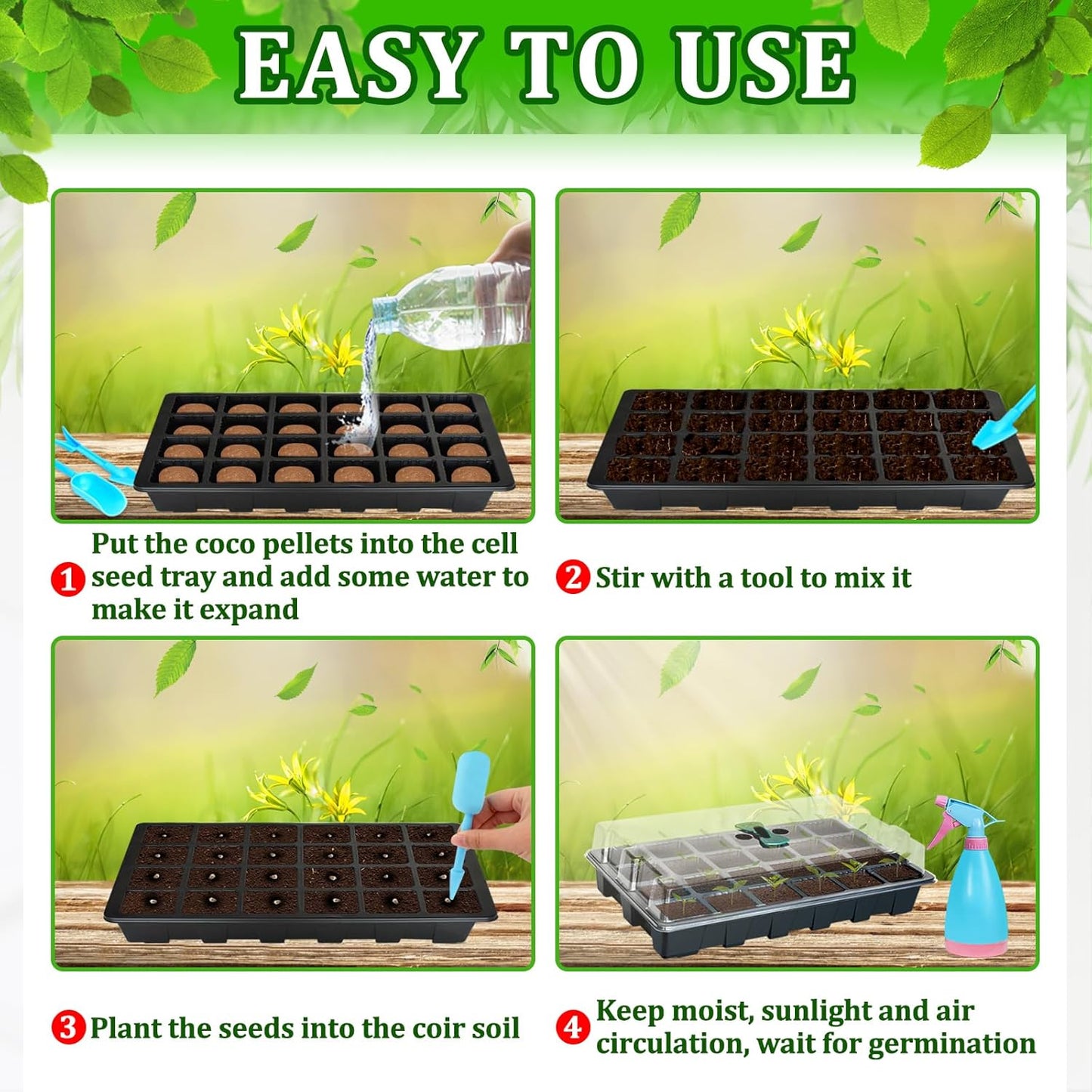 Halatool Seed Starter Kit, 2 Pack Seed Starter Trays with 50 Pcs Coco pellets and 2 Garden Tools & 100 Plant Labels, Greenhouse Indoor Seed Germination System for Herbs, Vegetables and Flowers (Black)