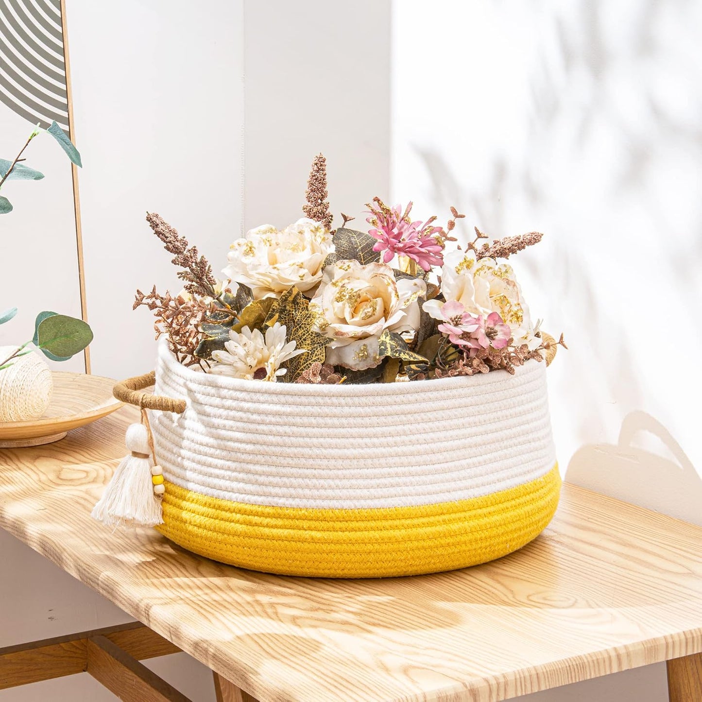 KAKAMAY Woven Baskets for Storage(16"x8"),Blanket Basket for Organizing Living Room,Cotton Rope Basket Woven Baby Laundry Hamper,Collapsible Laundry Room Organization,Clothes,Toy Chest(Yellow)