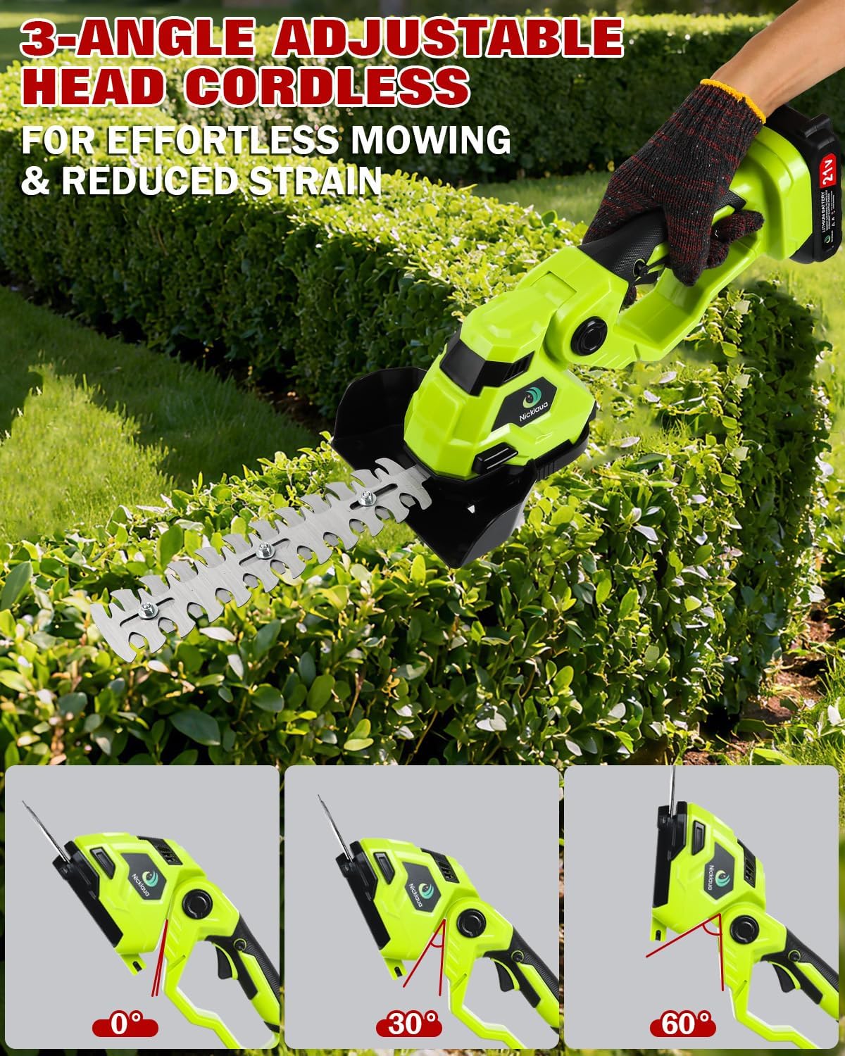 Cordless Hedge Trimmer，2-in-1 Hedge Trimmer，Cordless Grass Shear & Shrubbery Trimmer with Dual-Action Blade Cutting Capacity,Hedge Shear with 2 PCS Rechargeable Battery and Charger for Garden,Lawn