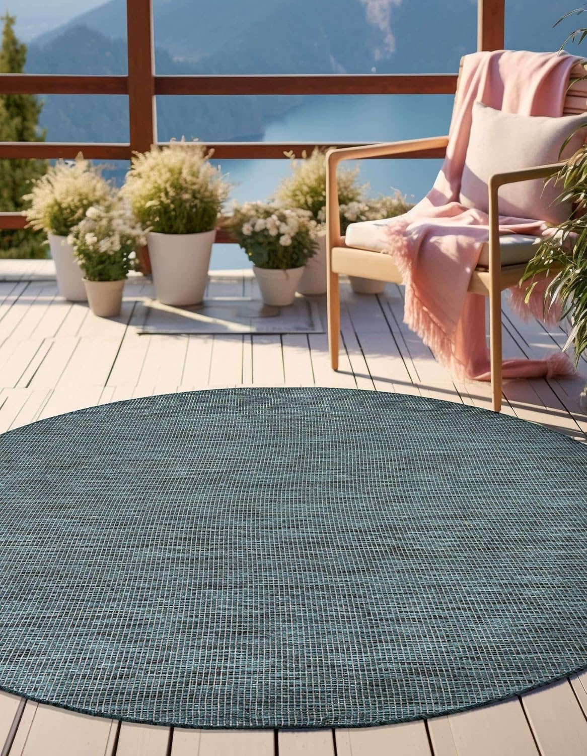 Unique Loom Outdoor Solid Collection Area Rug (5' 3" Round Teal/Navy Blue)