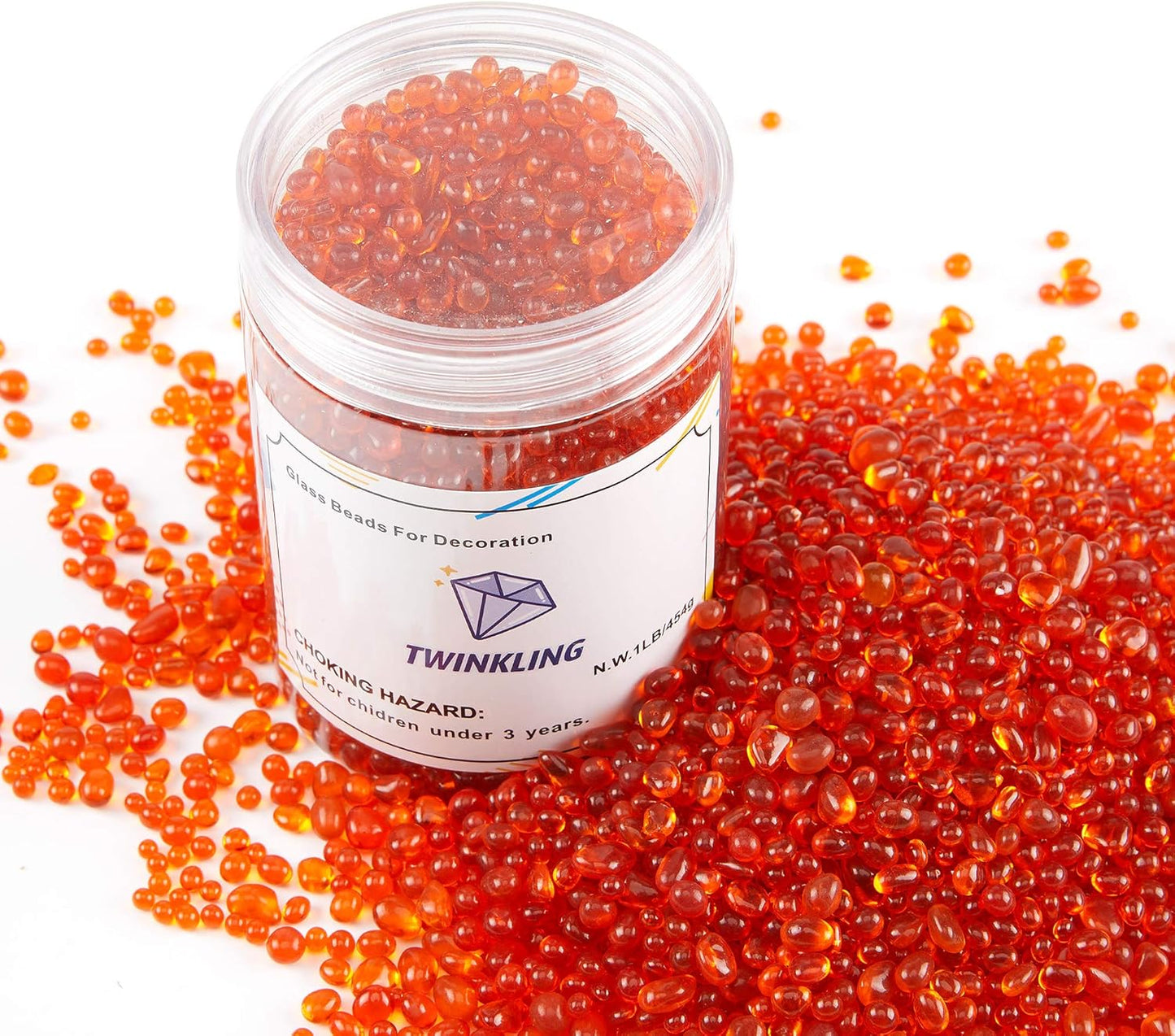 TWINKLING High Luster Round Fire Glass Stones,Glass Marbles Pebbles,Glass Beads Gems for Fire Pit Vase Fillers Crafts Aquarium Garden Decoration,3-6mm,1-Pound Jar (Orange Red)