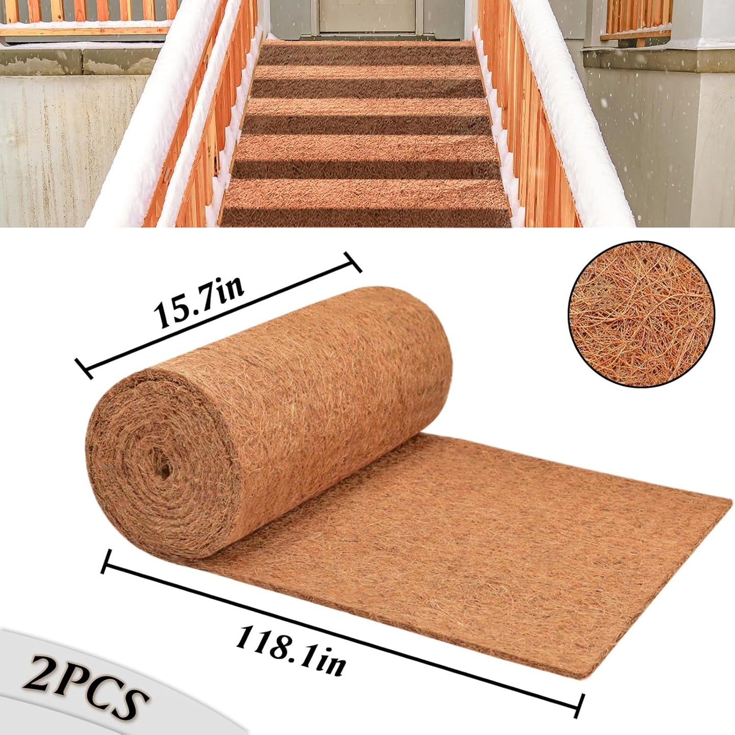 ZeeDix 2 Pack Thickened No Slip Ice and Snow Carpet-16 x 118 inch Natural Coconut Fiber Mat Walking Safety, Winter Coco Liner Roll Outdoor Carpet Runner for Front Door Hallway Stairs Garden
