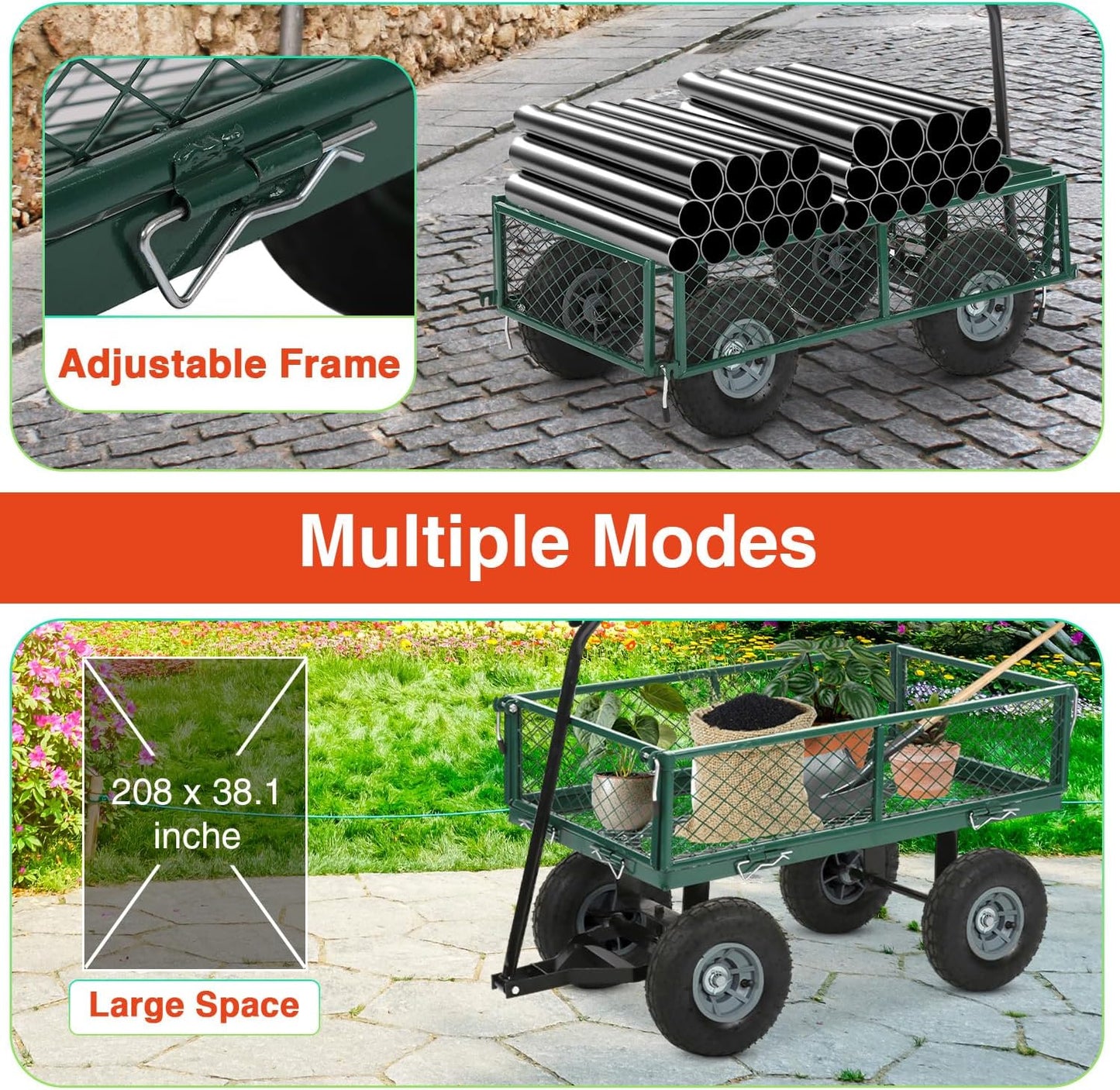 FDW Garden Cart Streel Heavy Duty 500 LBS Capacity，Utility Cart Wagon with Removable Sides and 180°Rotating Handle for Yard, Lawn and Garden Hauler (Dark Green)