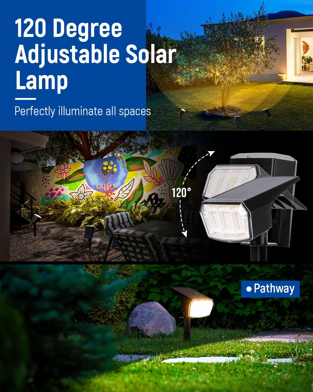 Solar spotlights Outdoor 63 LED 3 Lighting Modes, IP65 Waterproof Lighten Yard Garden House Garage Pathway for Christmas Decorations-6 Pack
