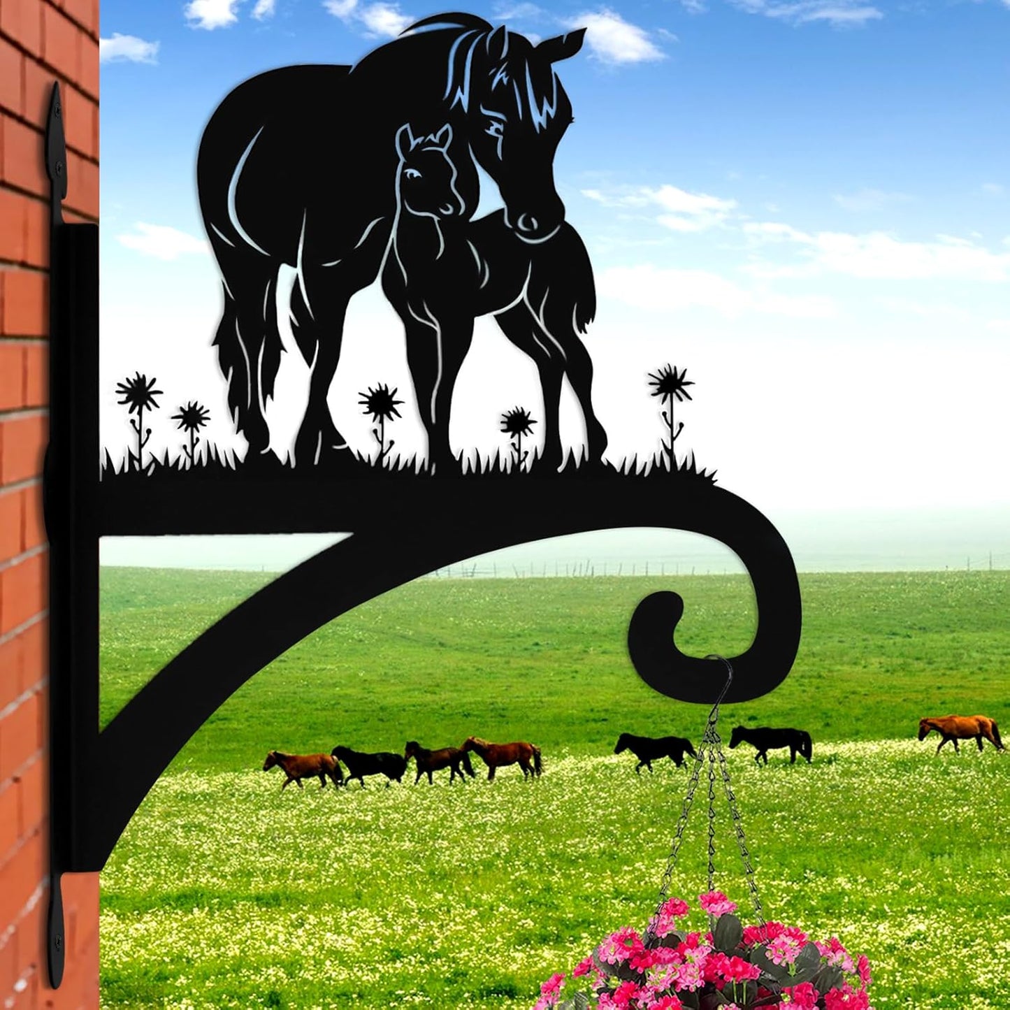 Plant Hangers Outdoor Heavy Duty Iron Decorative Mare & Foal Silhouette Plant Hooks for Hanging Baskets 11 inch Hanging Plant Bracket Wall Hooks for Flower Pot Bird Feeder Wind Chimes