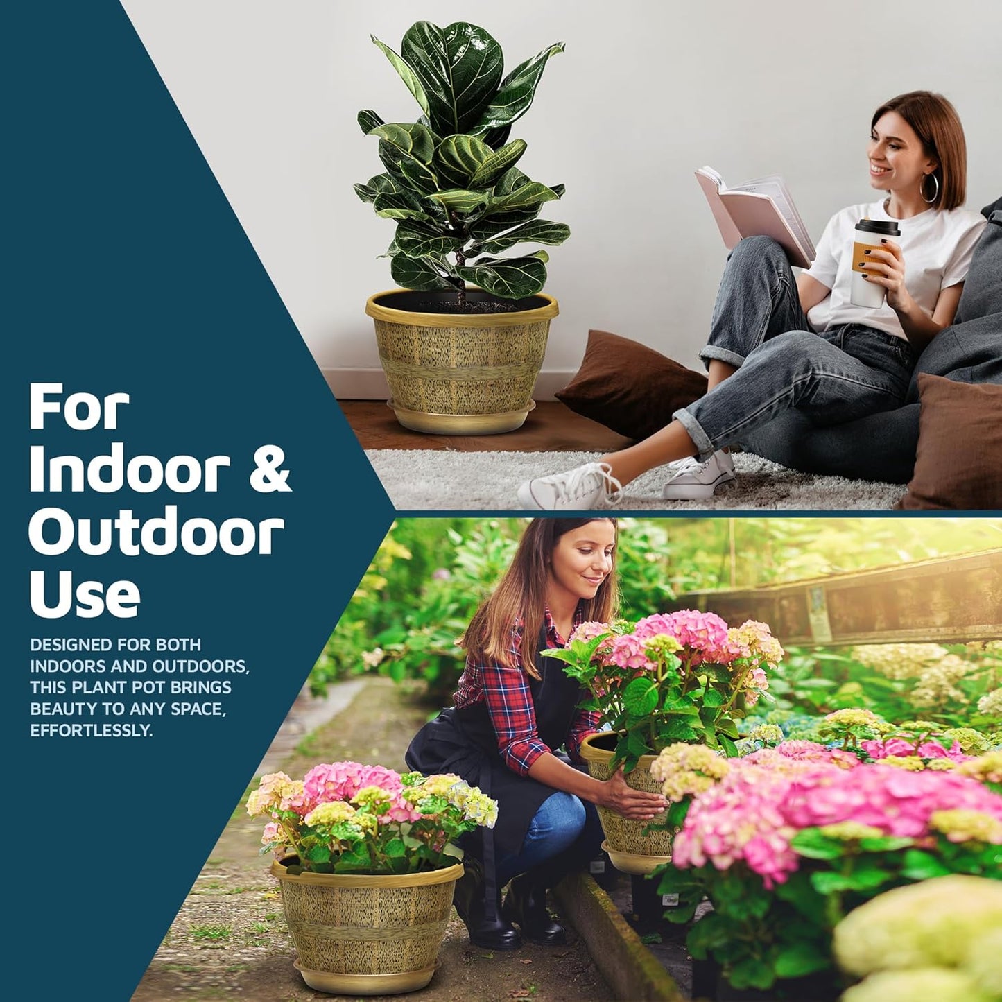 10-Inch Whiskey Barrel Planters Outdoor Pack of 5 - Durable Plastic Plant Pots for Indoor & Outdoor Use with Drainage & Saucer, Lightweight Rustic Barrel Planters for Flowers, Herbs & Small Plants