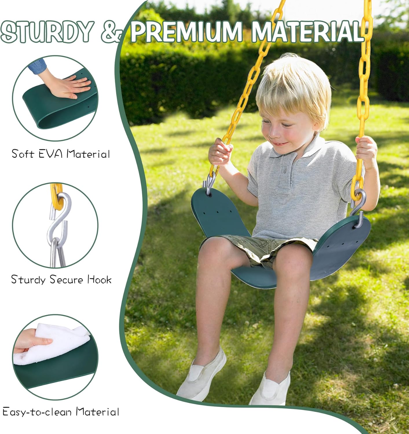 RedSwing Trapeze Swings Bar with Rings, Belt Swing Seat and Bucket Swings Combo Pack (Triangle and Chain Dip) for Kids Outdoor with 57-86" Rope,High Back Toddler Bucket Seat, Green