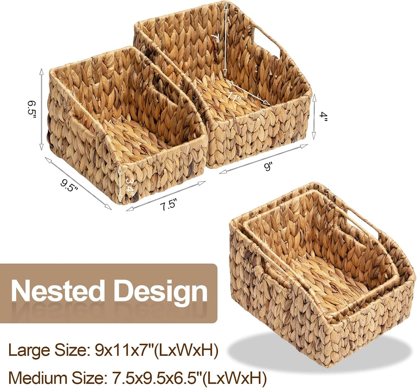 FairyHaus Wicker Baskets 2 Pack, Natural Large Wicker Baskets for Storage, Nesting Hand-woven Water Hyacinth Wicker Baskets for Organizing with Built-in Handles, 9"L x 11"W x 7"H