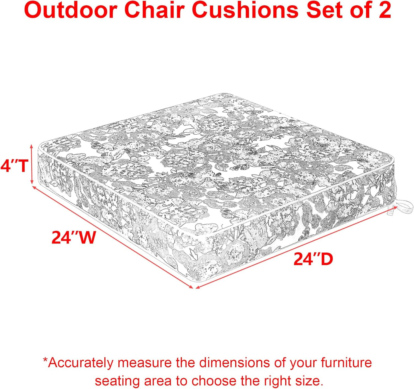 Favoyard Outdoor Chair Cushion 24 x 24 x 4 In Waterproof Pattern Fade Resistant Cushions for Patio Furniture with Removable Cover Attach Straps 28D Foam Insert Cushions Pads for Seat Sofa Couch 2 Pack