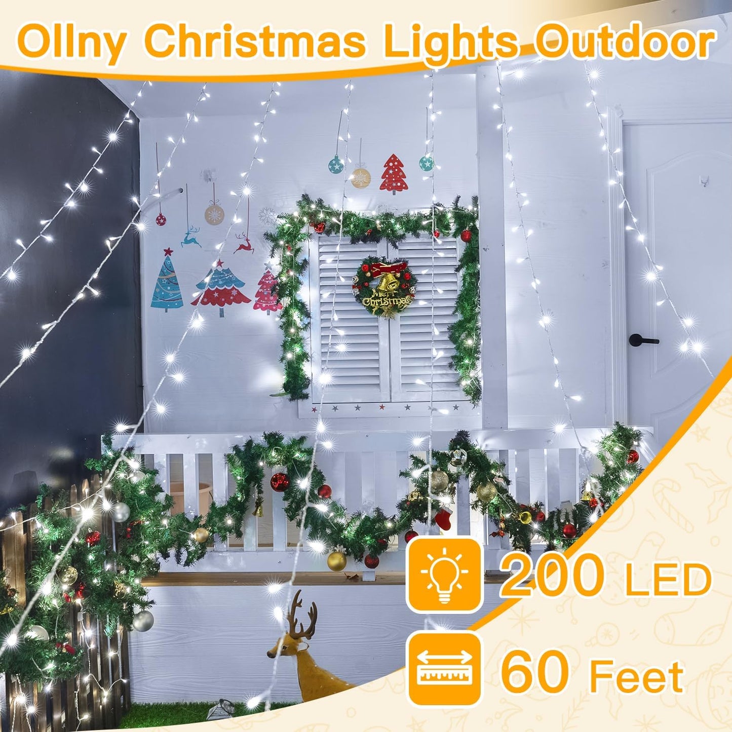 Ollny String Lights Indoor 200LED 60FT, Cool White Connectable Plug in LED Outdoor Light, 8 Modes Waterproof Timer Christmas Lights for Outside Bedroom House Party Wedding Camping