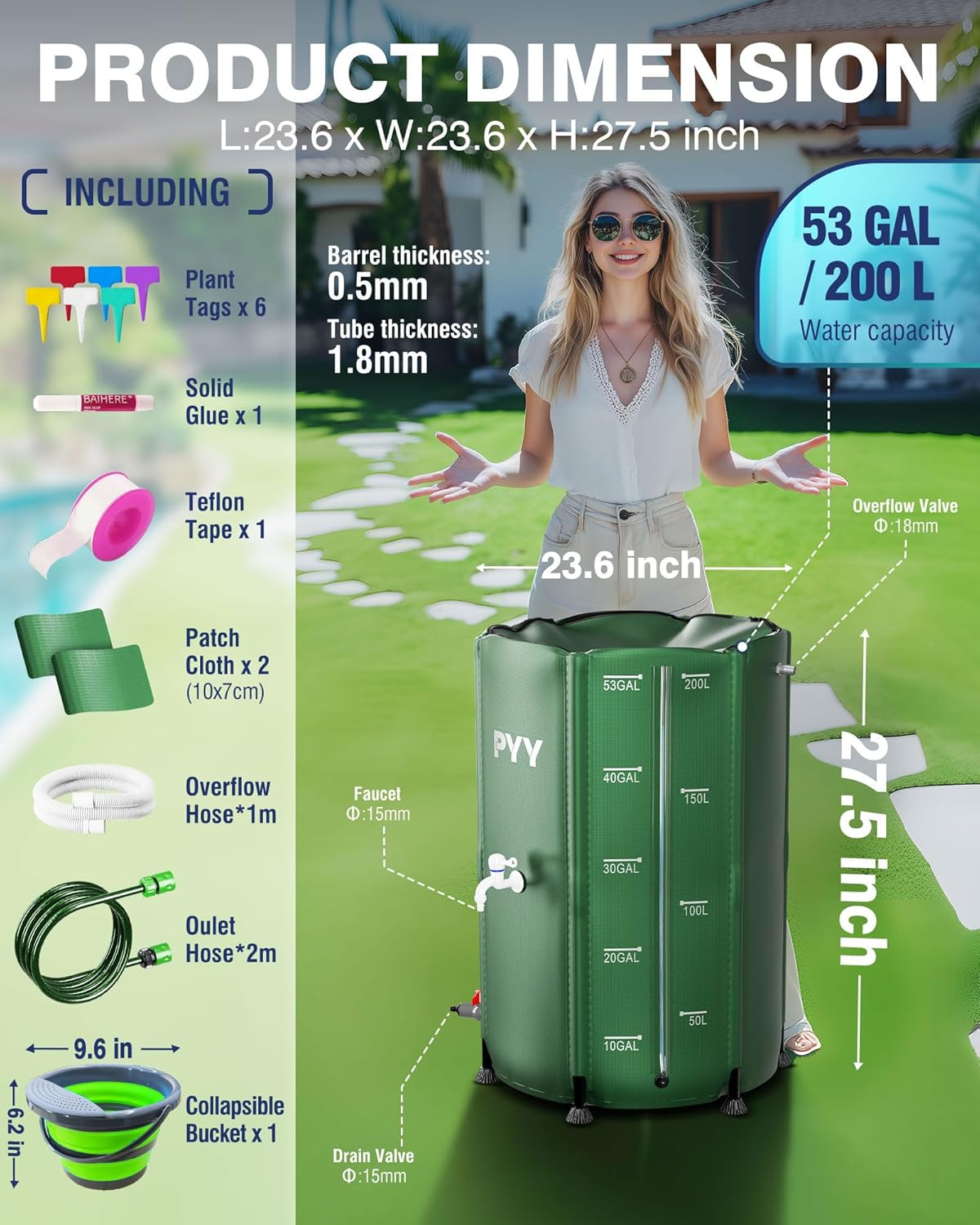 PYY Rain Water Collection Barrel - 53 Gallon Green Water Storage Tank with Spigots, Hose and Portable Bucket, Large Plastic Collapsible Rain Catcher Catchment System to Collect Rainwater from Gutter