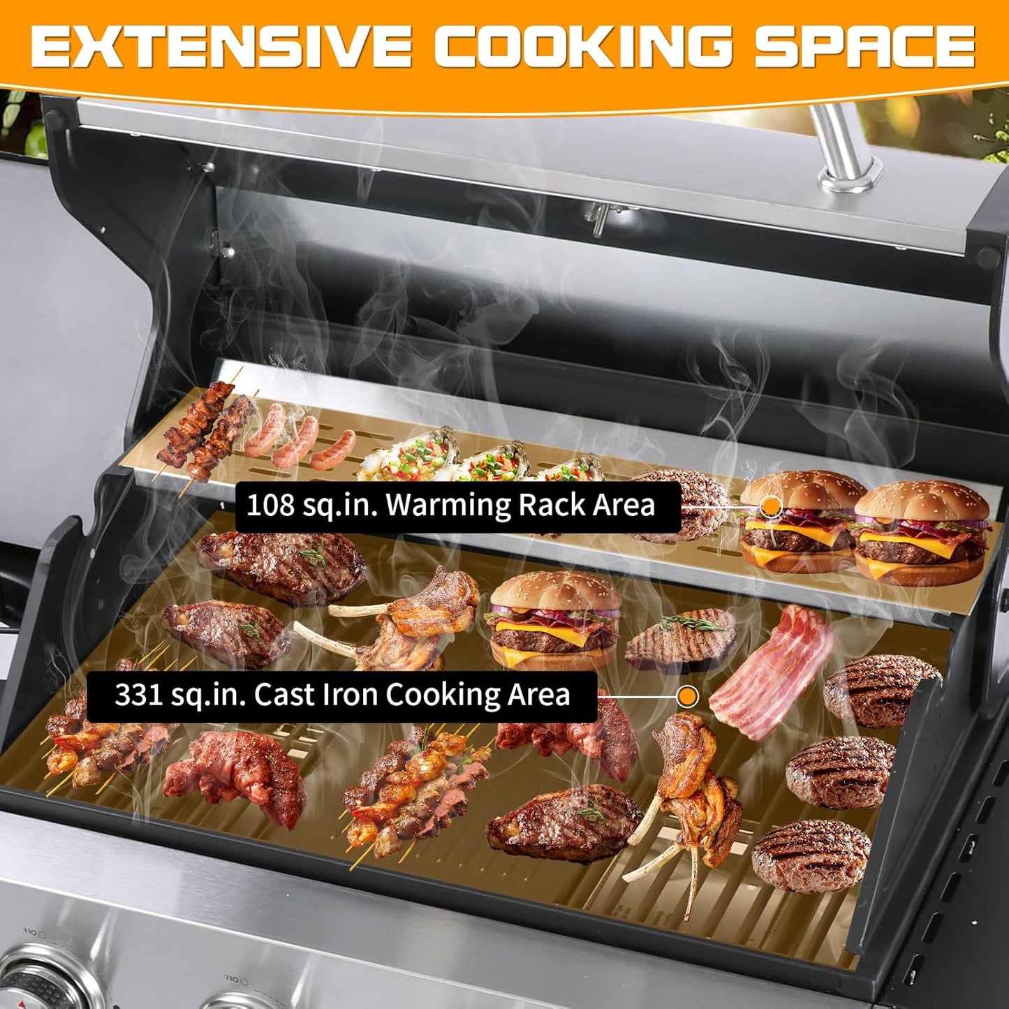 CIG GARDEN 4 Burner Propane Gas Grill with Side Burner,3 in 1 Propane Gas BBQ Grill,Double-layer Stainless Steel BBQ Grill Lid with Cast Iron Grates,52000 BTU Output for Camping, Patio, Backyard