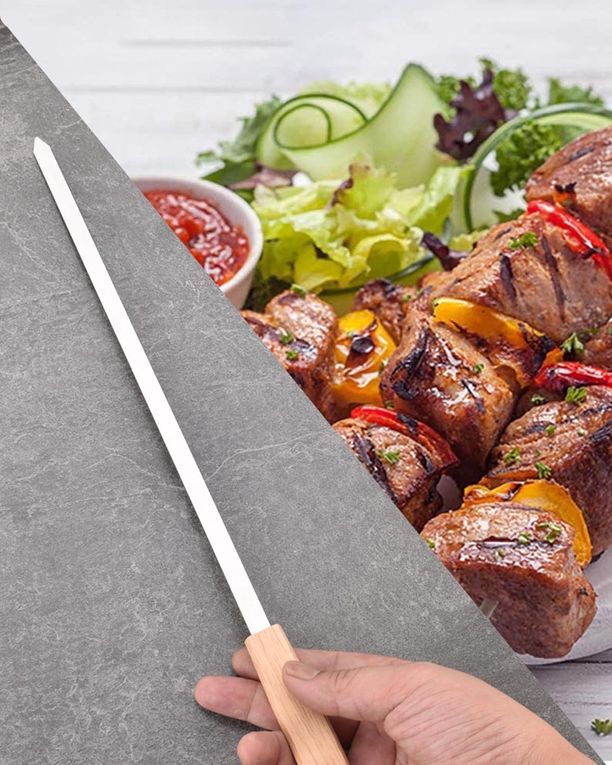 17-Inch Long Flat BBQ Skewers, HONSHEN Brazilian-style Stainless Steel 3/8 Inch Wide Blade with hardwood Handle barbecue skewers for Grilling Meat,Chicken,Shrimp,Vegetables-Set of 12