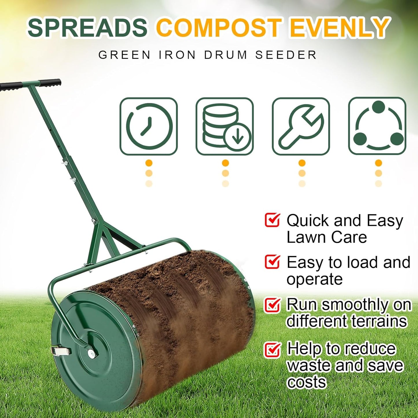 Hiboom 36 Inch Compost Spreader, Peat Moss Spreader, Manure Roller with Adjustable T Shaped Handle, Lightweight Metal Mesh for Lawn Garden Spreading Manure Topsoil (Green)
