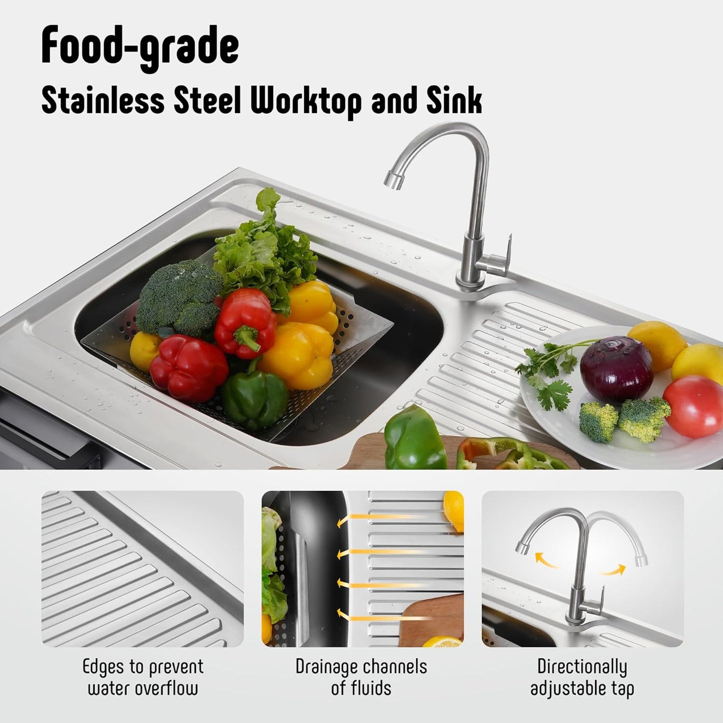 35” Outdoor Grill Cart with Sink, Outdoor Kitchen Sink Station with Hose Hook Up, Free Standing Sink with Wheels, Stainless Steel Sink with Single Bowl, Outdoor Utility Sink with Faucet