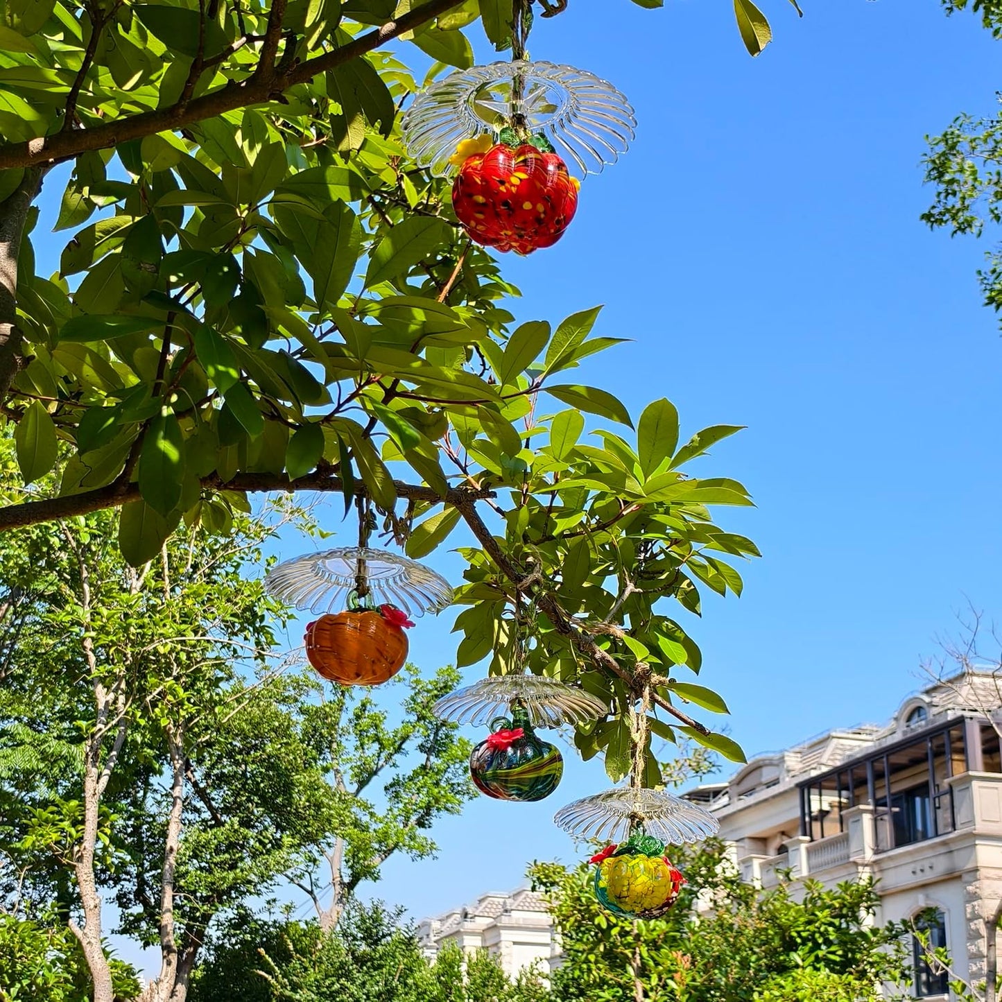 Small Glass Hummingbird Feeders for Outdoors Hanging - 4PC X Mixed Color Hand Blown Glass Pumpkin Nectar Feeding + Rain Cover, 2 Flowers Feeding Ports, Decor for Garden/Backyard Outside