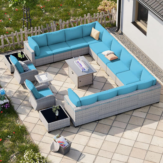 18-Piece Patio Furniture Set, Outdoor Patio Furniture with 55,000 BTU Fire Pit Table, Swivel Chairs Set, Thick Cushions, Modular Patio Sofa, Dual-Strand Wicker Rattan, Rust-Resistant Frame,Lake Blue