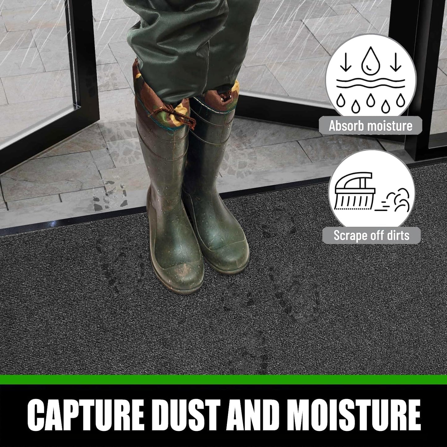 Commercial Grade Entrance Mat 3x5Ft Brush Step Entrance Rug with Striped Pattern&Rubber Border Indoor Outdoor Low Profile Rubber Entry Carpet Mat for Hallway,Home,High Traffic Area,Black