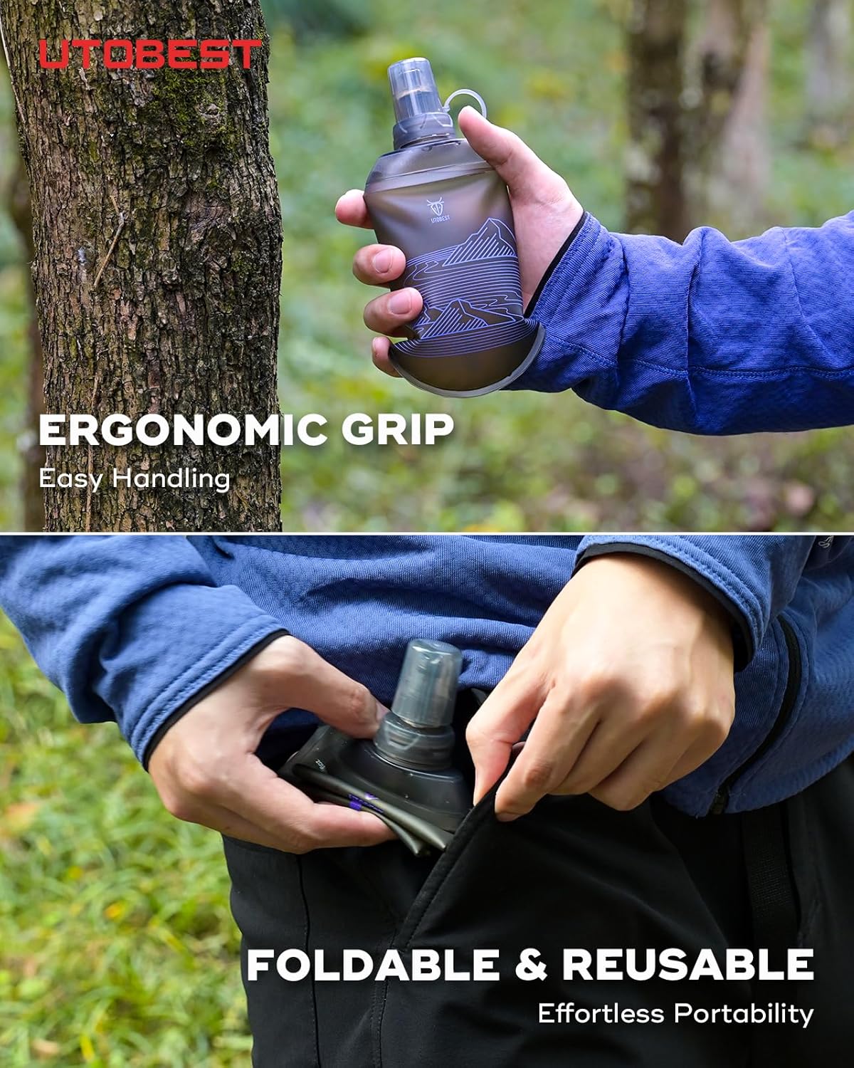 UTOBEST 200ml Soft Flask, 2 Pack Flexible TPU Hydration Water Bottle, Collapsible with 28mm Caliber for Running, Hiking, Cycling, Climbing, and Marathon Purple