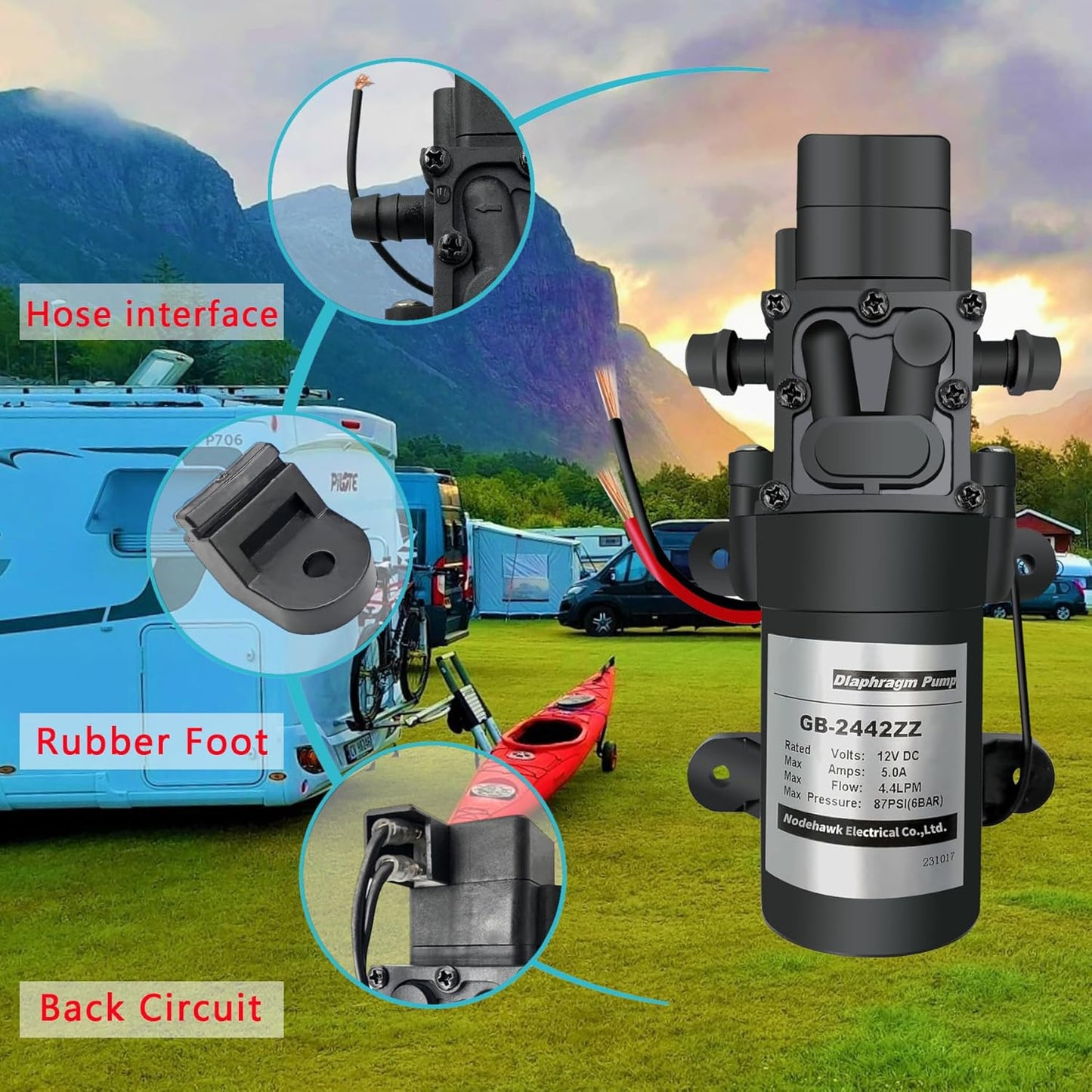 DC 12V Diaphragm Pump, Self-Priming Sprayer Pump, 1.2 GPM 87 PSI Pressure Switch Adjustable water pump, With 2 hose clamps, for RV Camping Shower Garden Irrigation