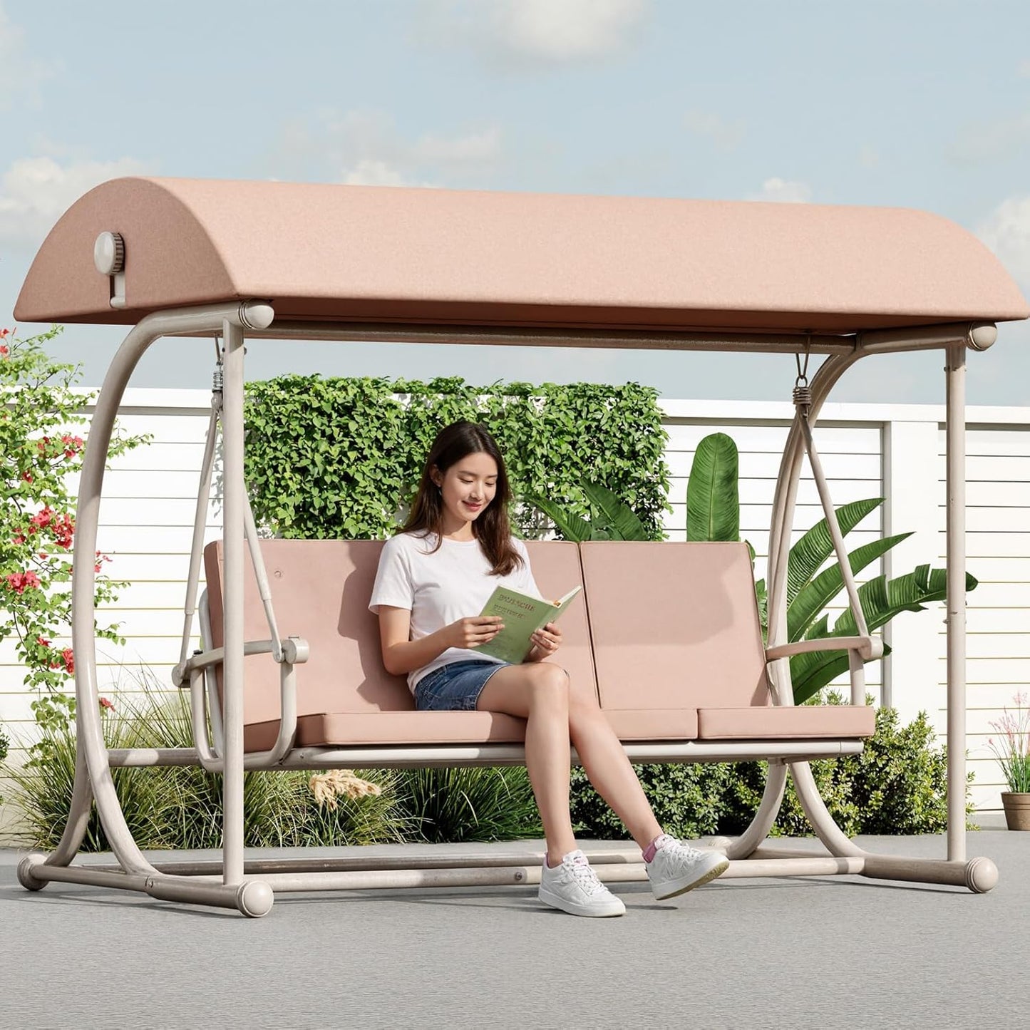 Patio Swing with Canopy, Outdoor Swinging with Stand, Backyard Swings for Adults, 2 in 1 Porch Swing Bed, Outdoor Patio Swings,Yard Heavy Duty Covered Patio Swing, Khaki