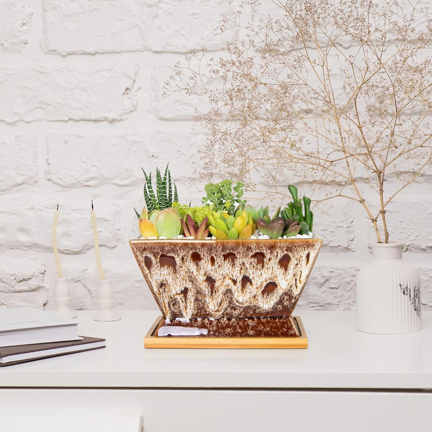 ARTKETTY Succulent Pots - 7 Inch Large Plant Pot with Drainage Tray, Shallow Ceramic Pots for Indoor Plants, Modern Cactus Bonsai Plant Container Decorative Home Office