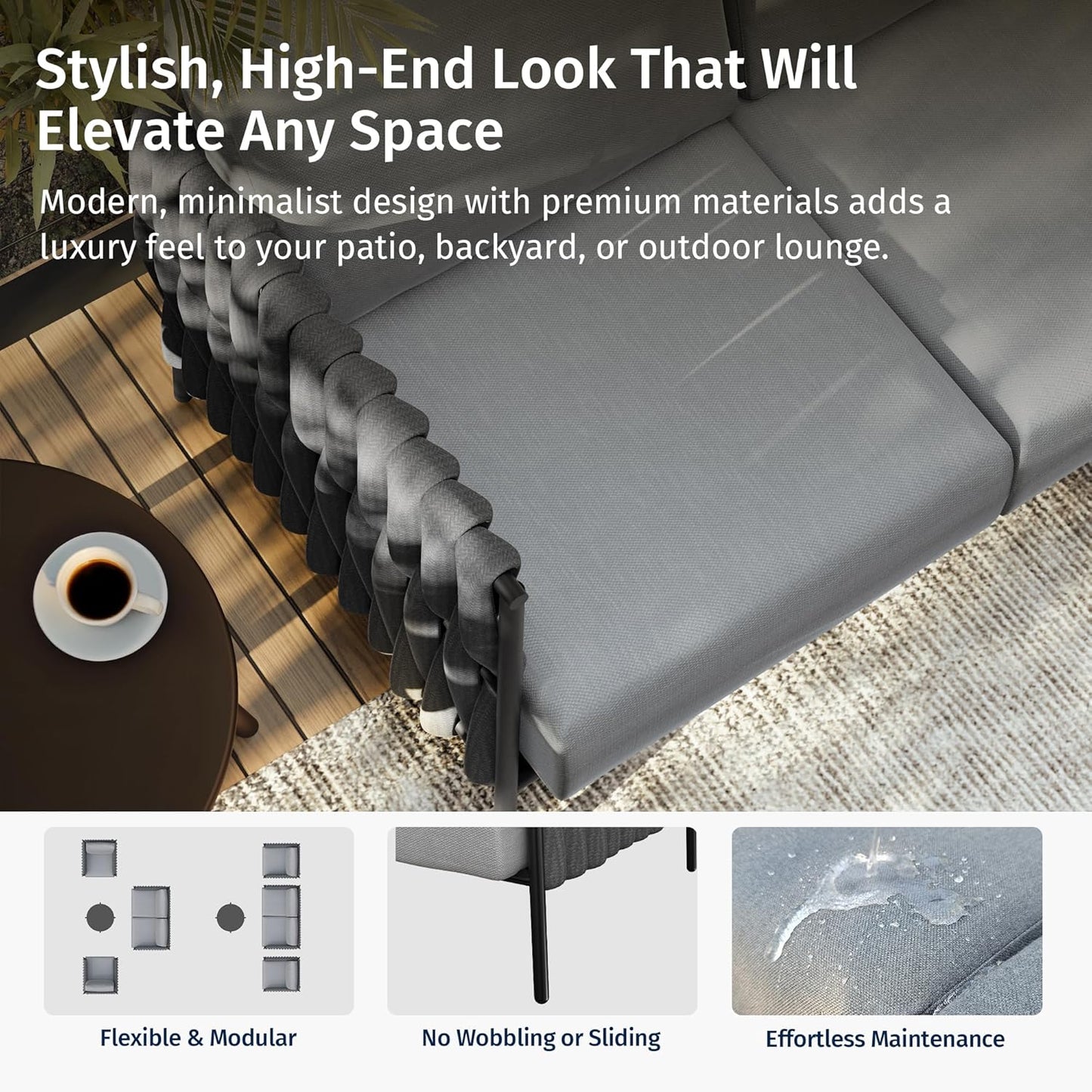 EAST OAK 3-Piece Patio Furniture Set | Armchairs & Coffee Table | Outdoor Furniture with Cushions | Deep Seating Modern Conversation Set | Garden, Porch, Balcony & Backyard | Misty Grey